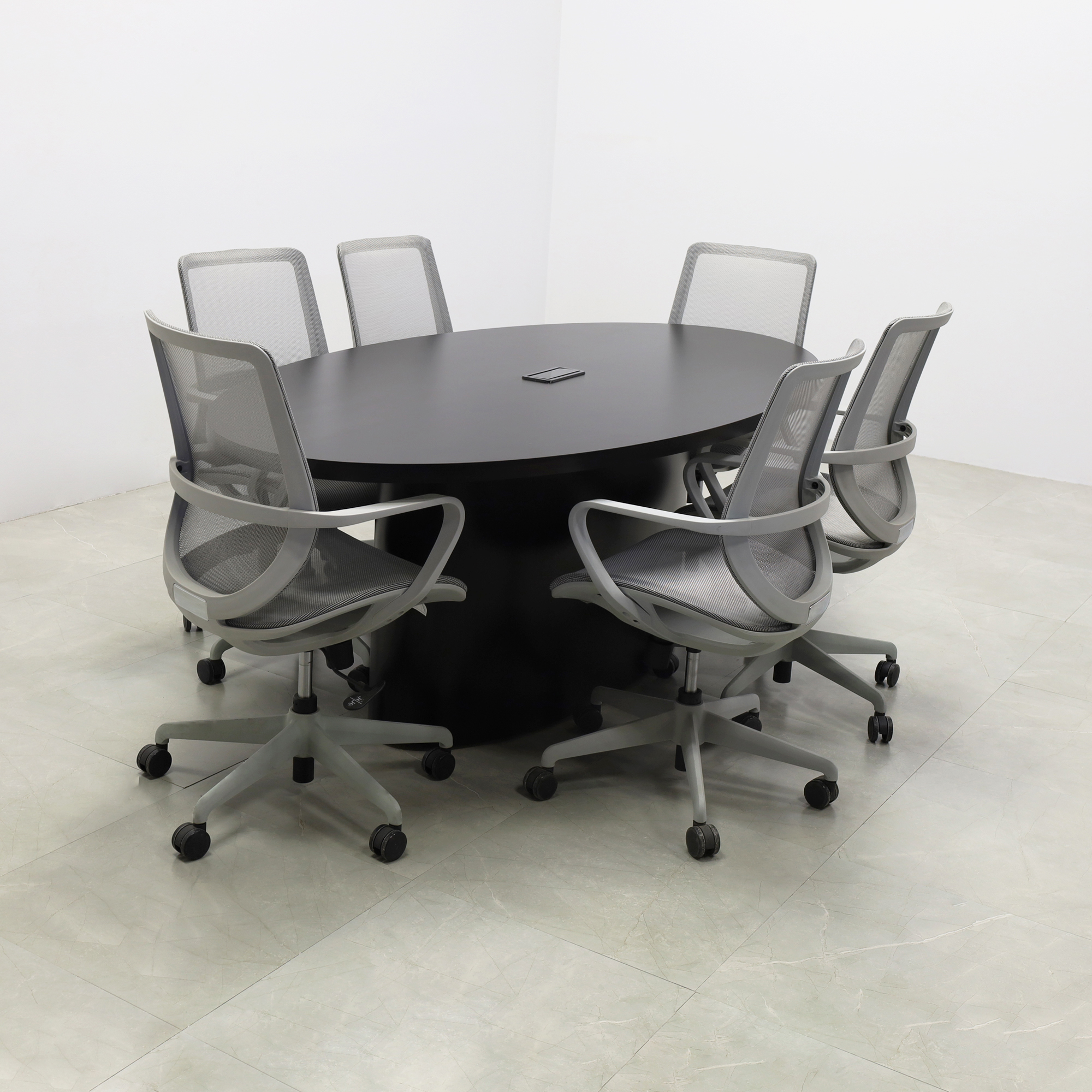 84-inch Newton Oval Conference Table With Laminate Top in black matte laminate top and base, with black powerbox, shown here.