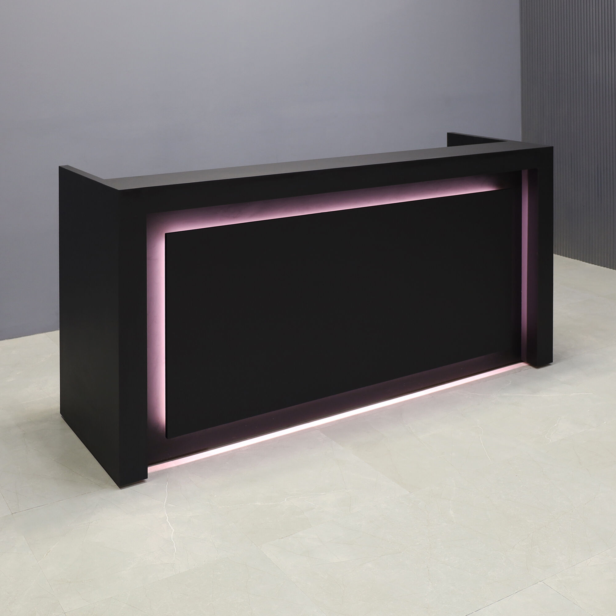 84-inch New York U-Shape Custom Reception Desk in black traceless laminate main desk and accent recess, with warm white LED, shown here.