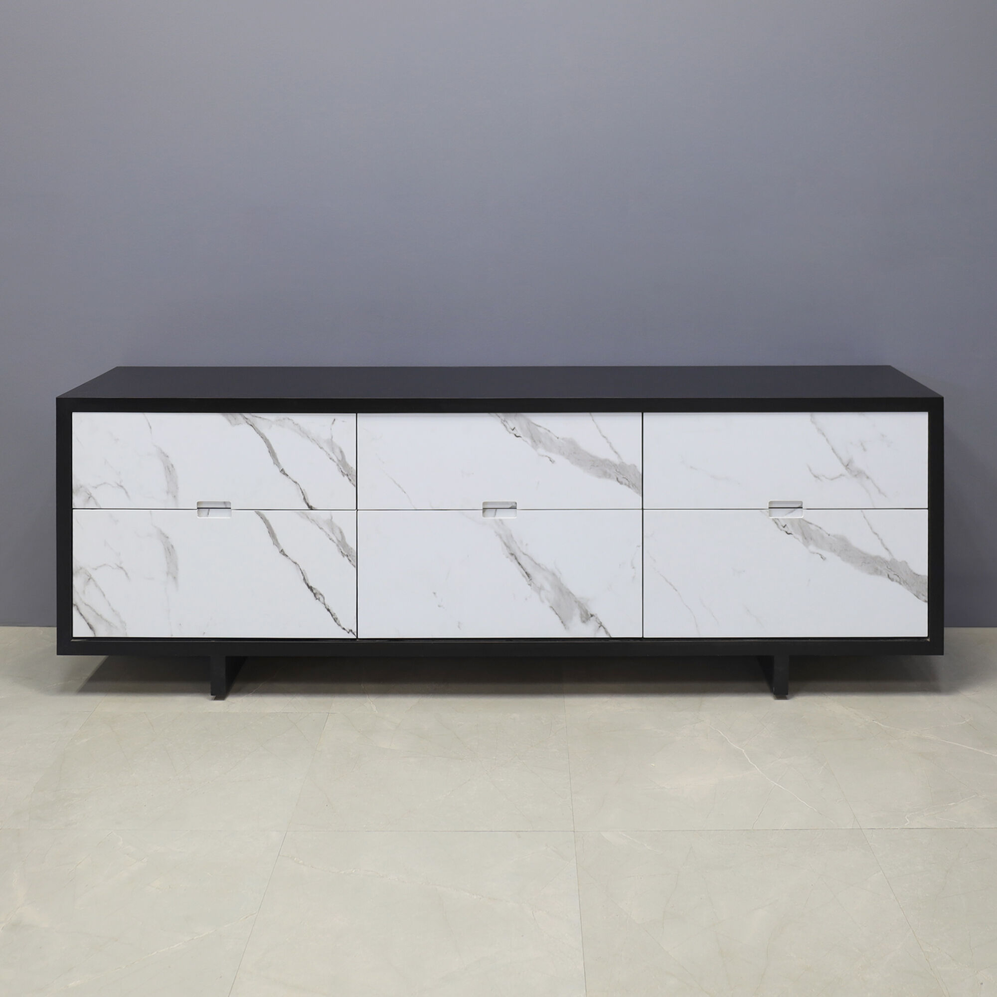 84-inch Seattle storage credenza in black traceless laminate credenza, and calcutta stone PVC doors.
