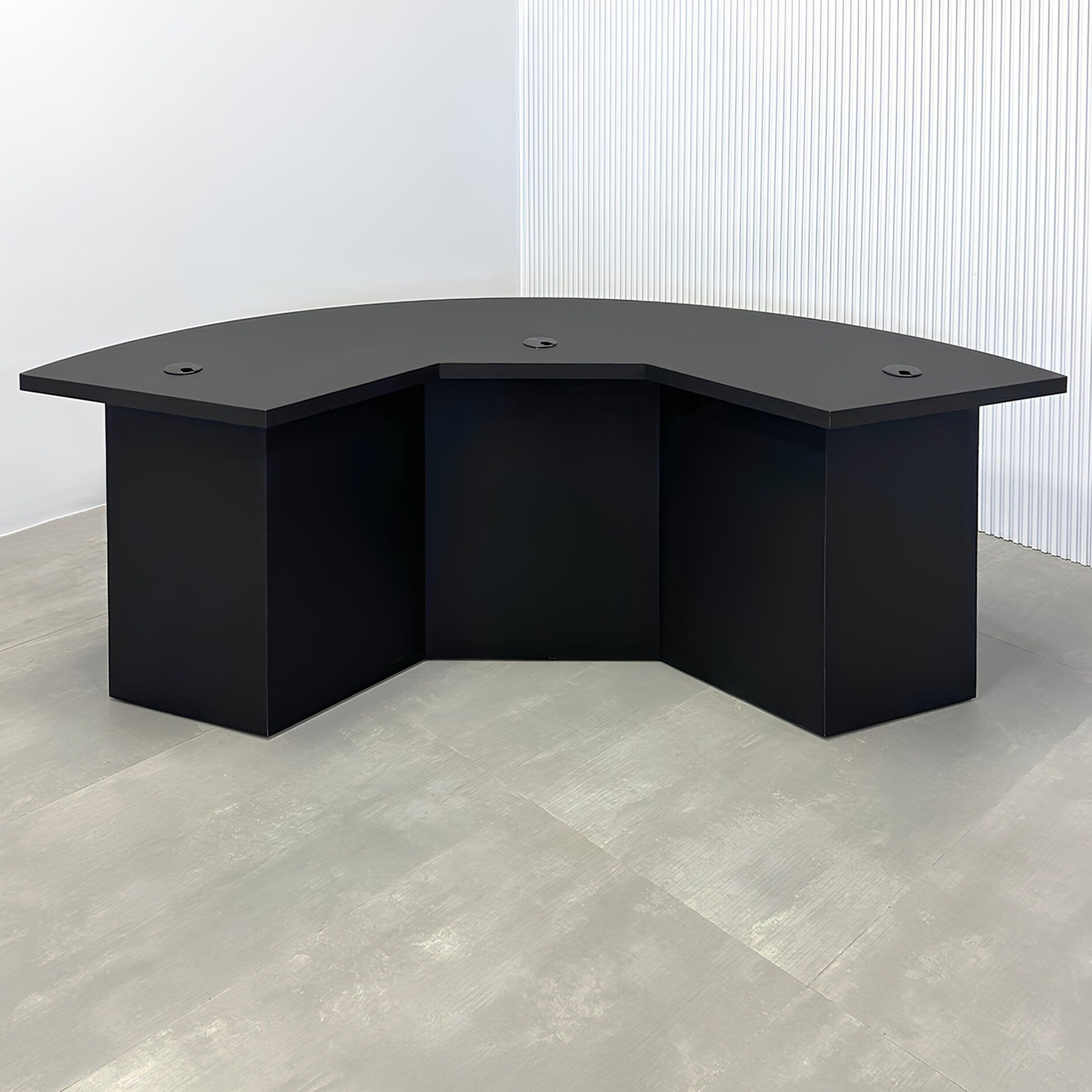 84-inch Tampa Bay Podcast Table with Black Traceless Laminate Top, Black Traceless Laminate Front of the Base, and Black Matte Laminate Back of the Base.