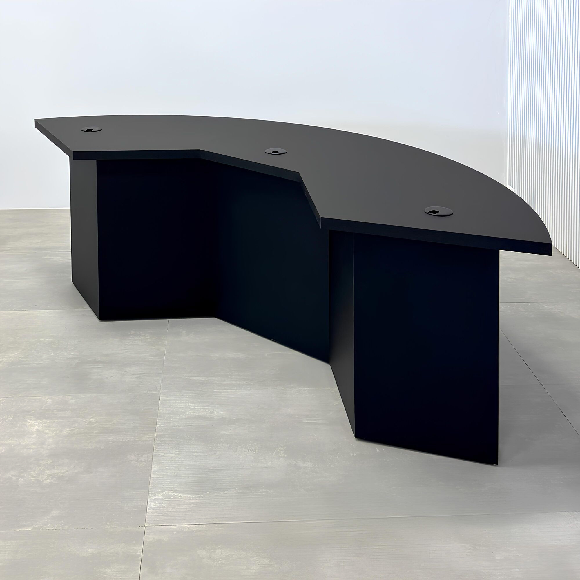 84-inch Tampa Bay Podcast Table with Black Traceless Laminate Top, Black Traceless Laminate Front of the Base, and Black Matte Laminate Back of the Base.