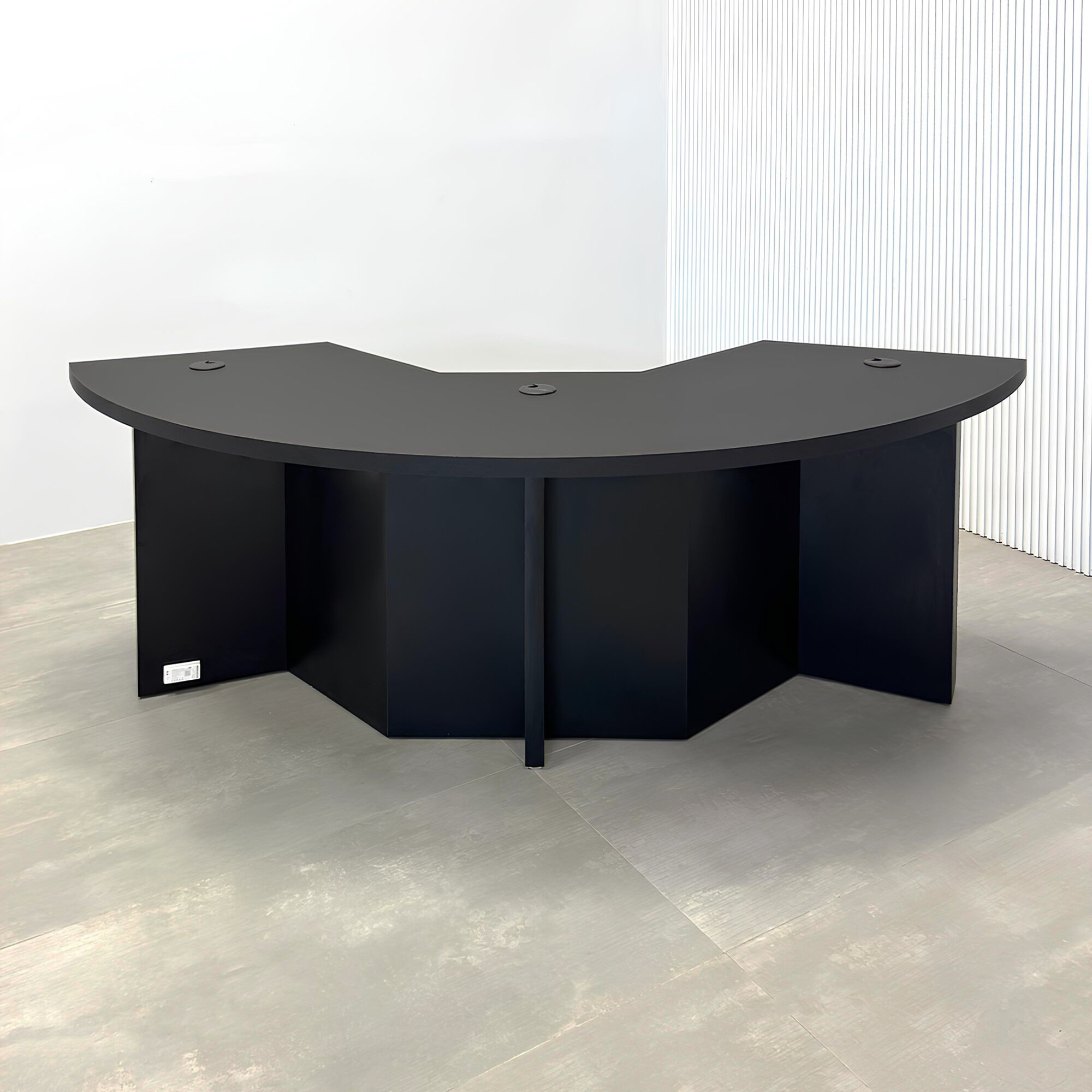 84-inch Tampa Bay Podcast Table with Black Traceless Laminate Top, Black Traceless Laminate Front of the Base, and Black Matte Laminate Back of the Base.