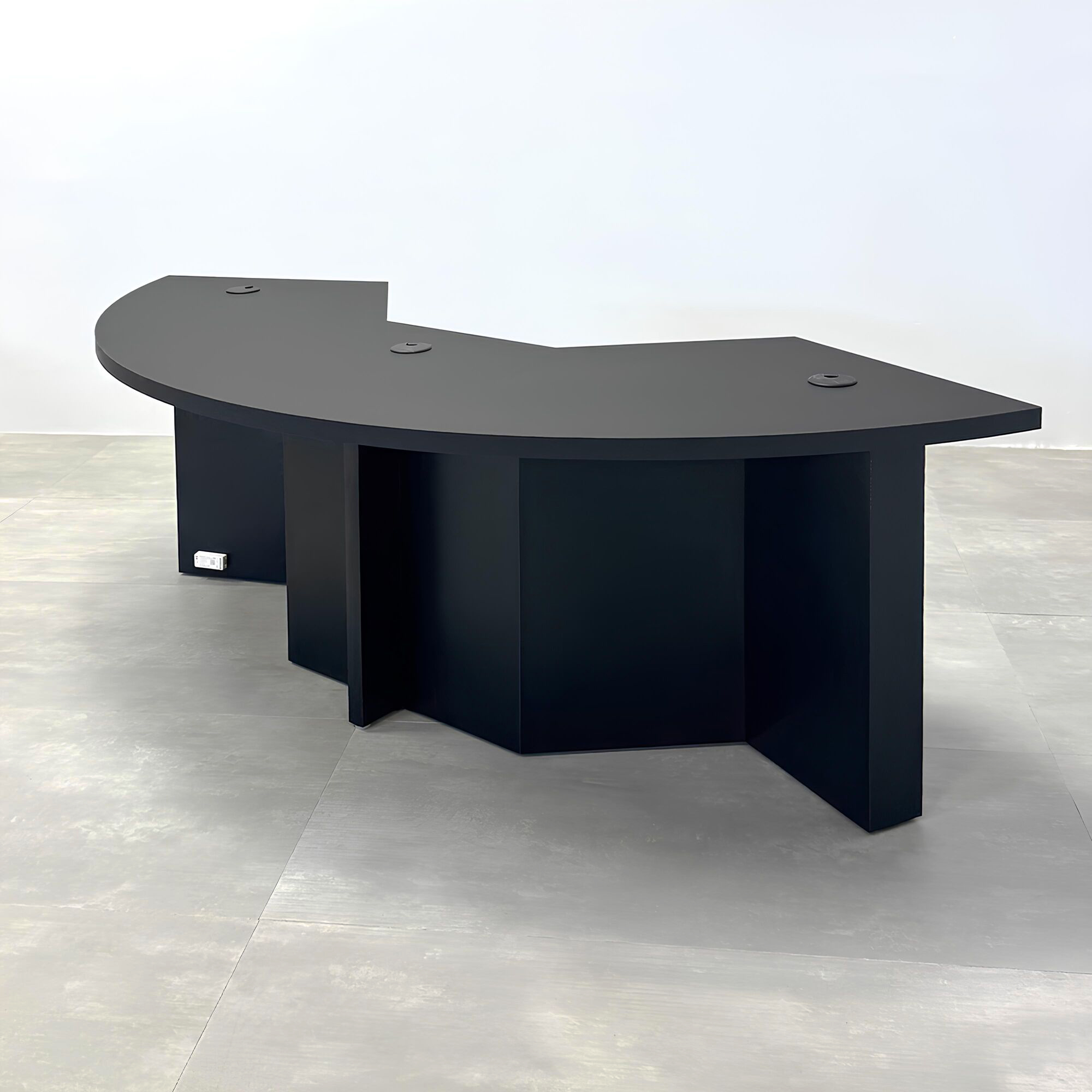 84-inch Tampa Bay Podcast Table with Black Traceless Laminate Top, Black Traceless Laminate Front of the Base, and Black Matte Laminate Back of the Base.