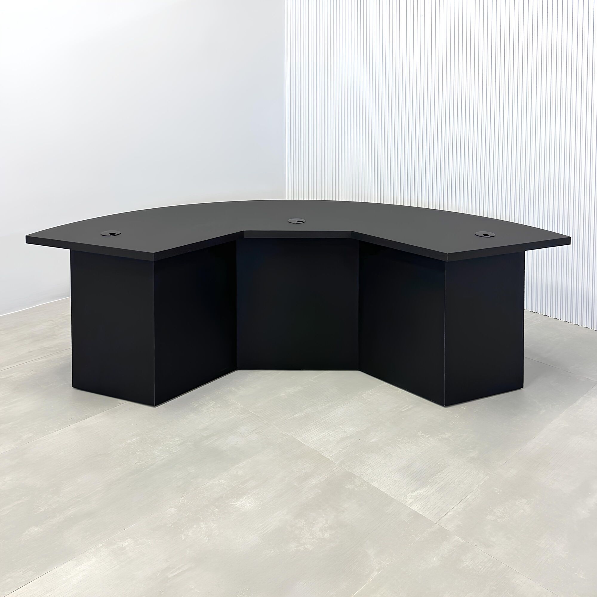 84-inch Tampa Bay Podcast Table with black traceless laminate top, black traceless laminate front panel, black matte laminate inside, and white LED.