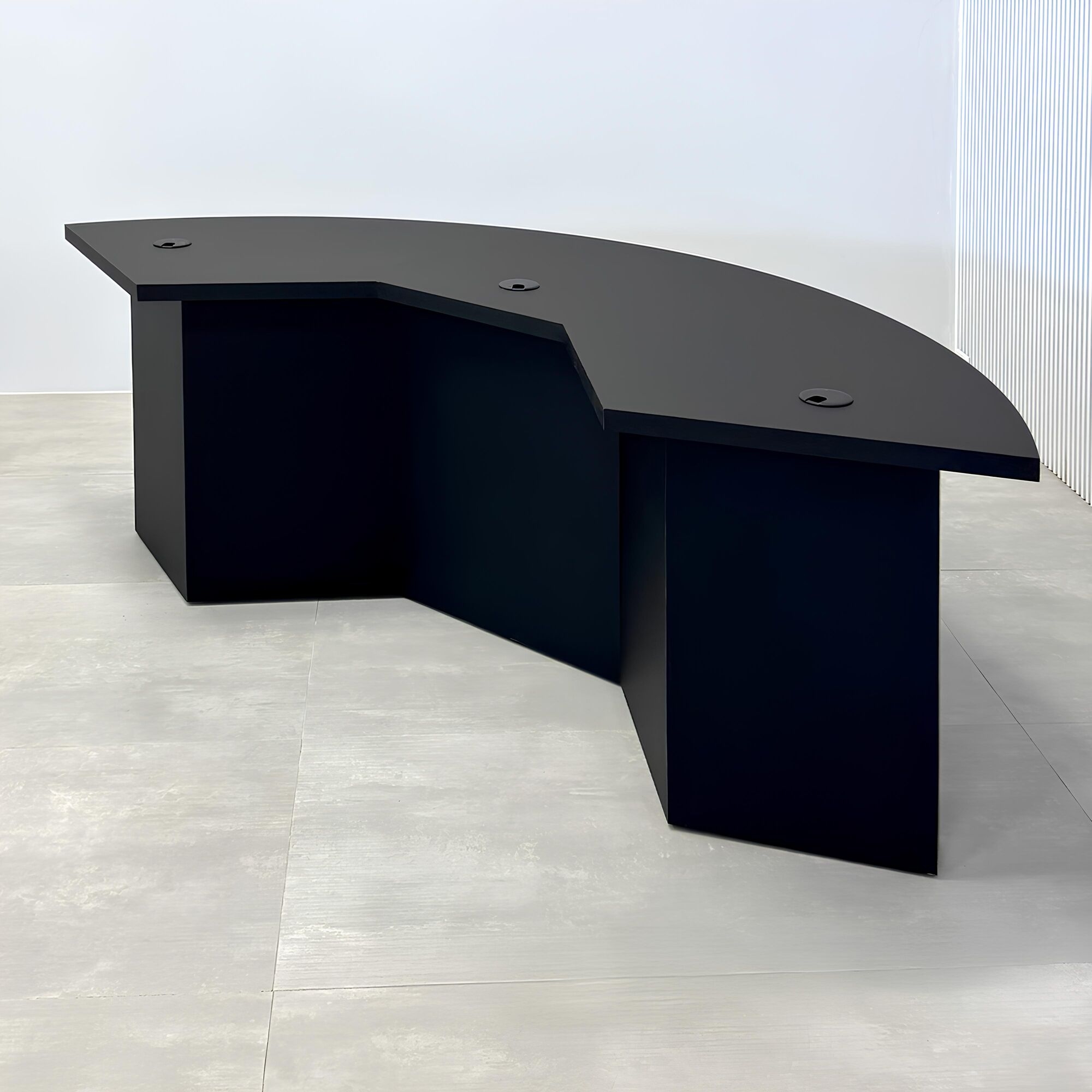 84-inch Tampa Bay Podcast Table with black traceless laminate top, black traceless laminate front panel, black matte laminate inside, and white LED.