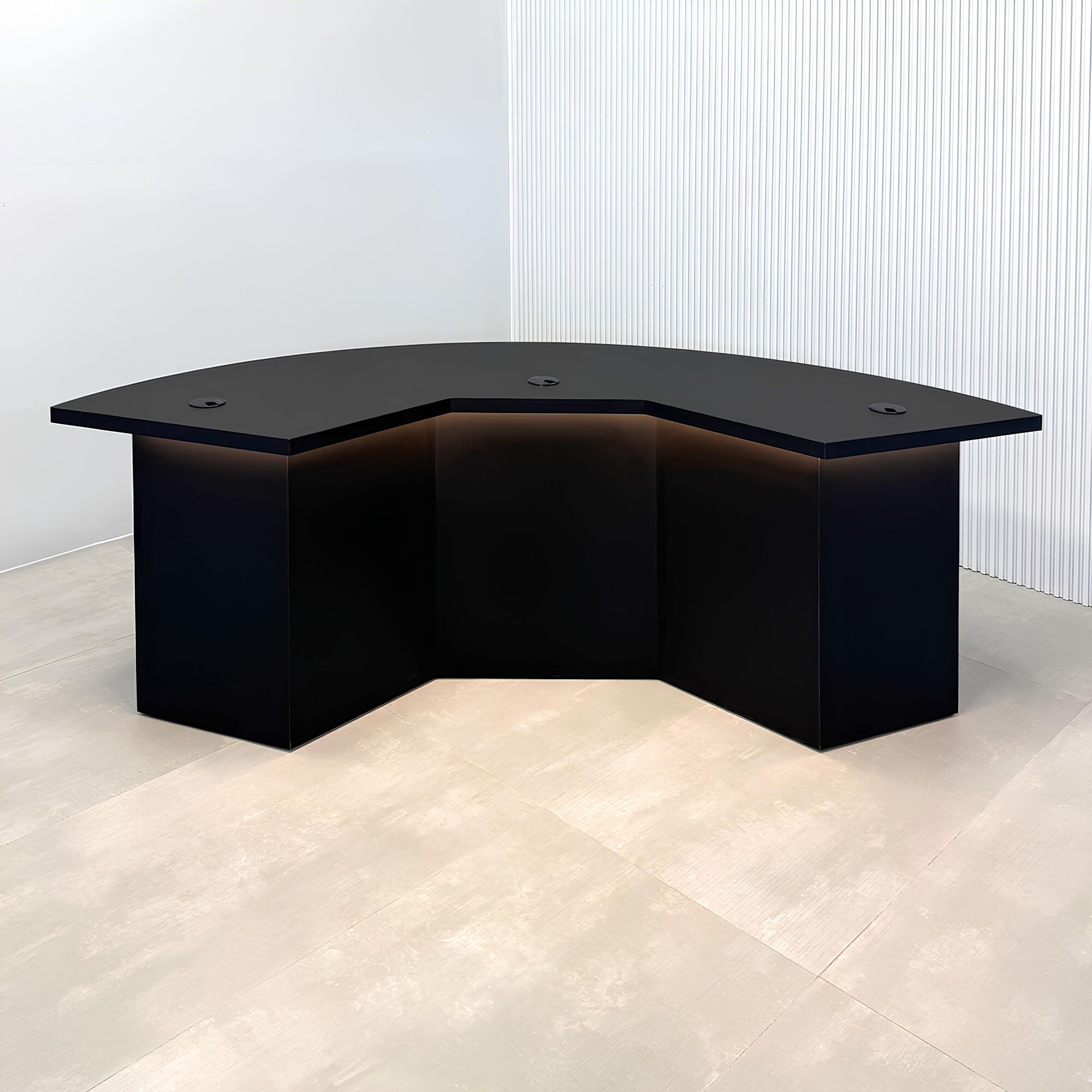 84-inch Tampa Bay Podcast Table with black traceless laminate top, black traceless laminate front panel, black matte laminate inside, and white LED.
