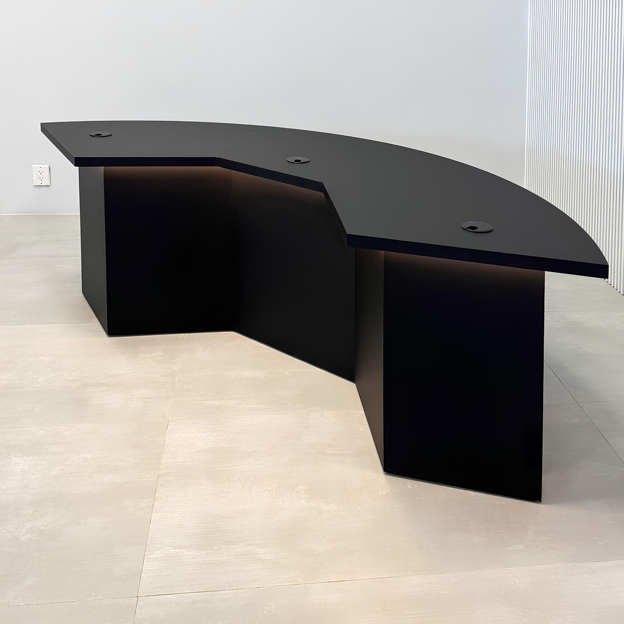 84-inch Tampa Bay Podcast Table with black traceless laminate top, black traceless laminate front panel, black matte laminate inside, and white LED.