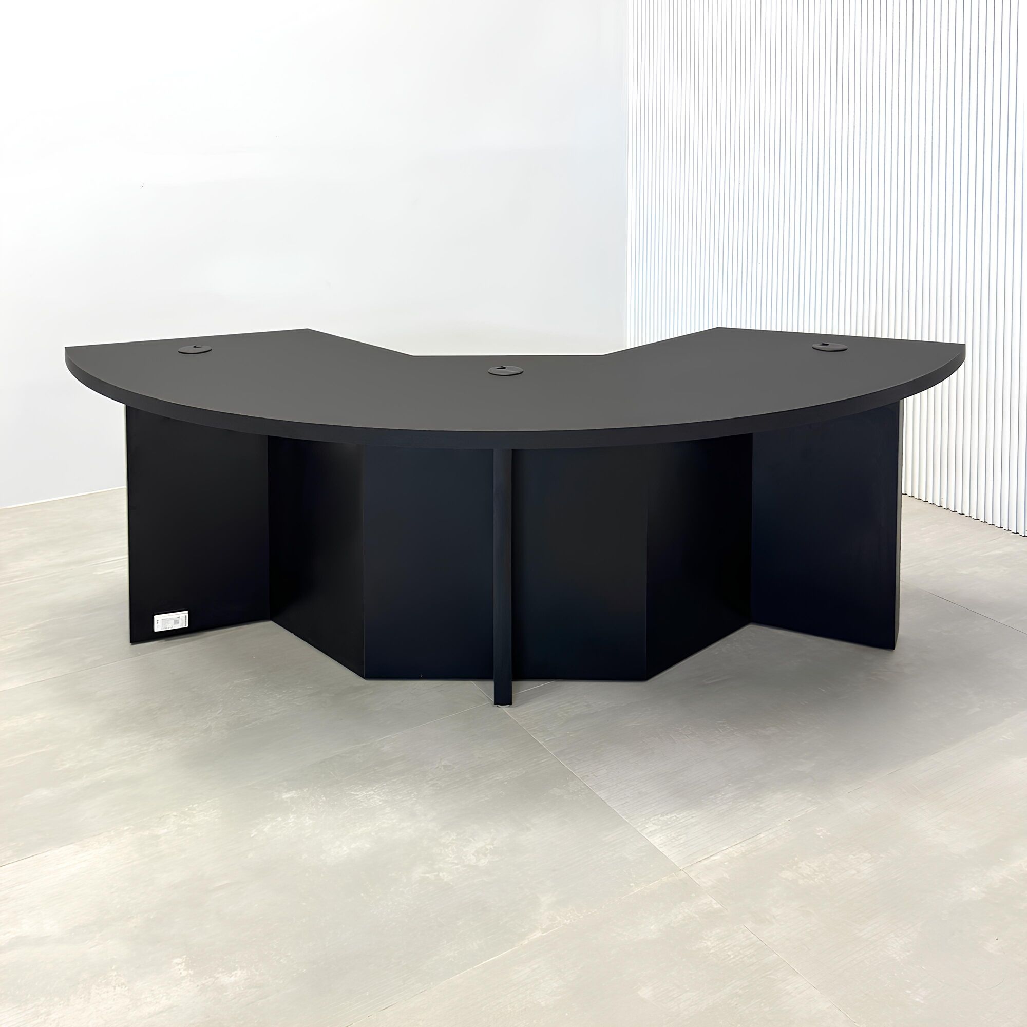 84-inch Tampa Bay Podcast Table with black traceless laminate top, black traceless laminate front panel, black matte laminate inside, and white LED.