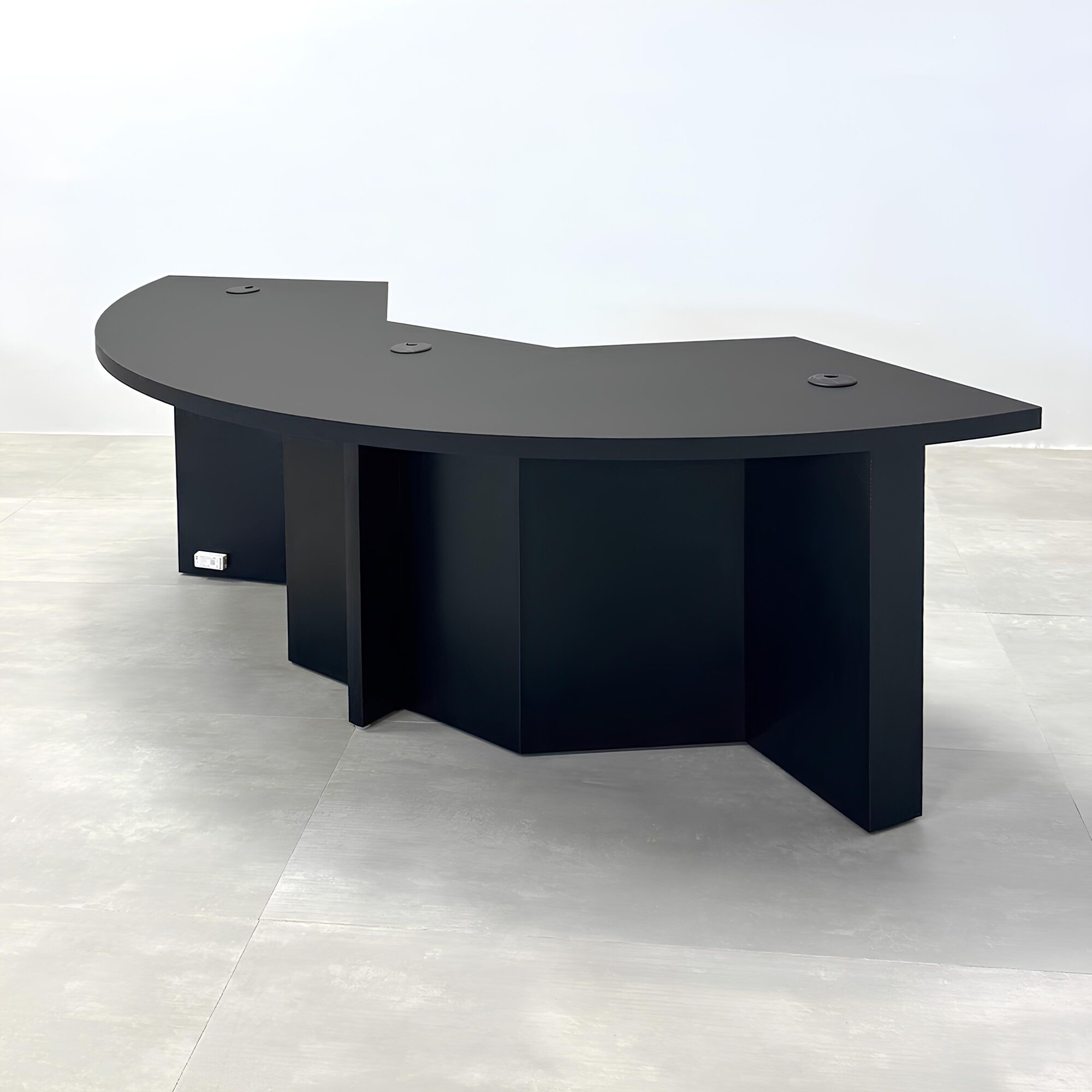 84-inch Tampa Bay Podcast Table with black traceless laminate top, black traceless laminate front panel, black matte laminate inside, and white LED.