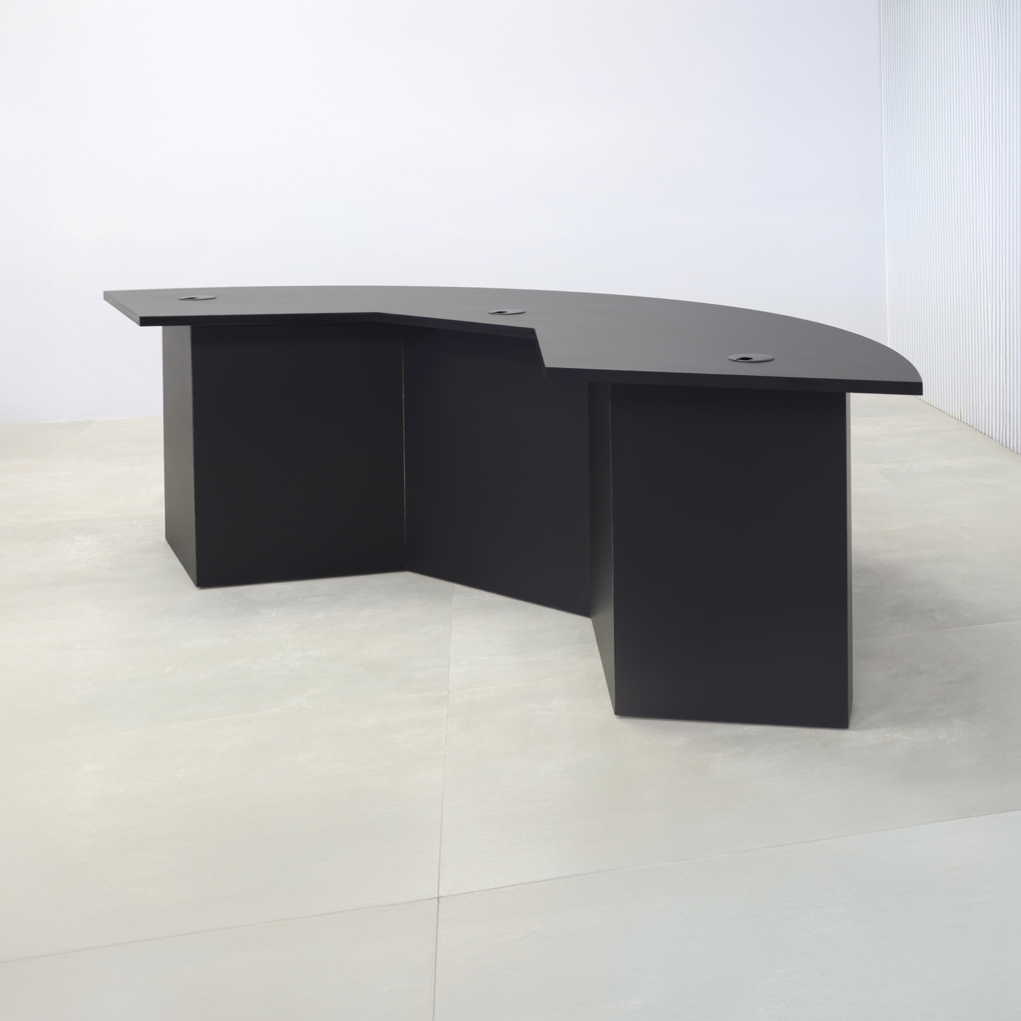 84-inch Tampa Bay Podcast Table with black traceless laminate top, black traceless laminate front panel finish, black traceless laminate inside finish, and color LED.
