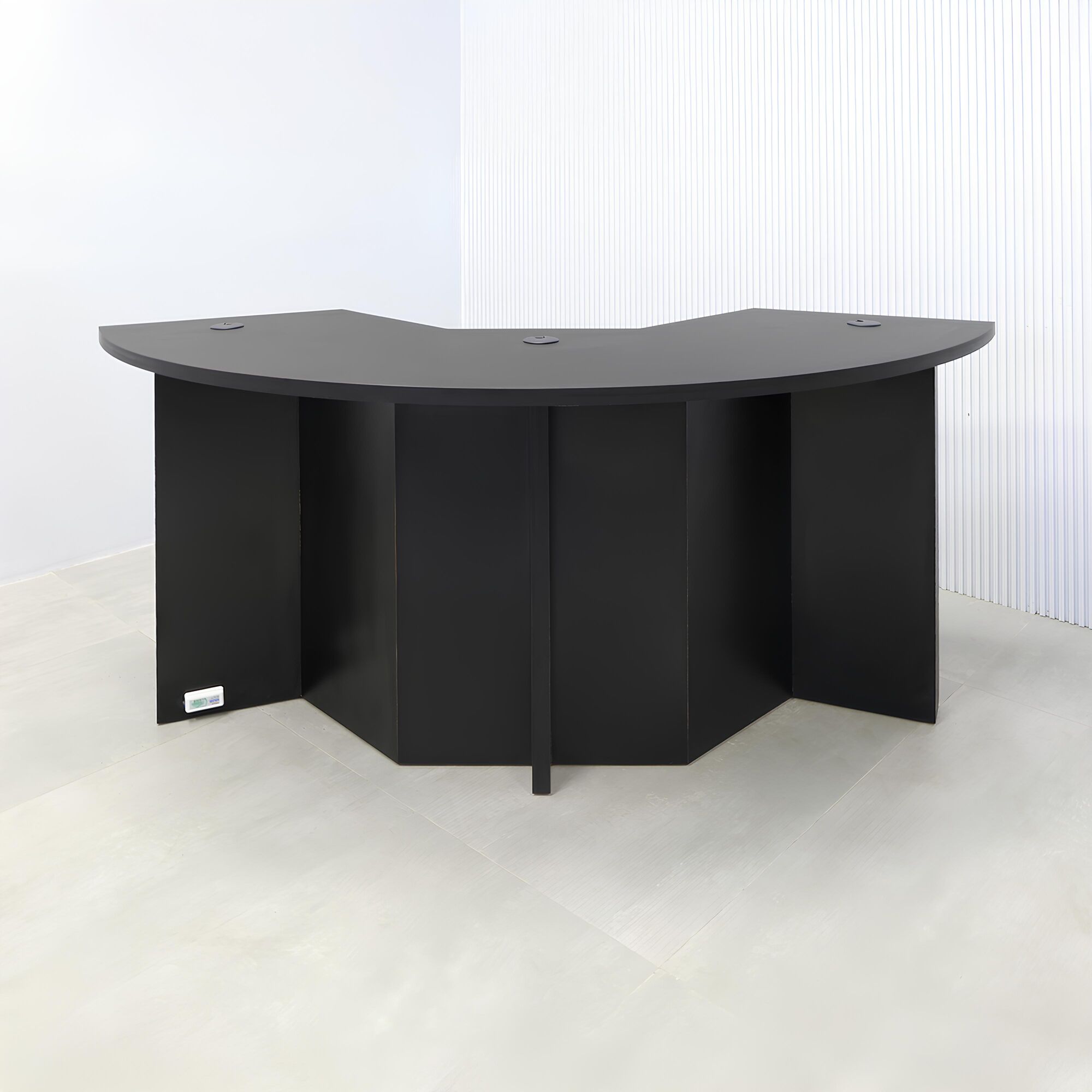 84-inch Tampa Bay Podcast Table with black traceless laminate top, black traceless laminate front panel finish, black traceless laminate inside finish, and color LED.