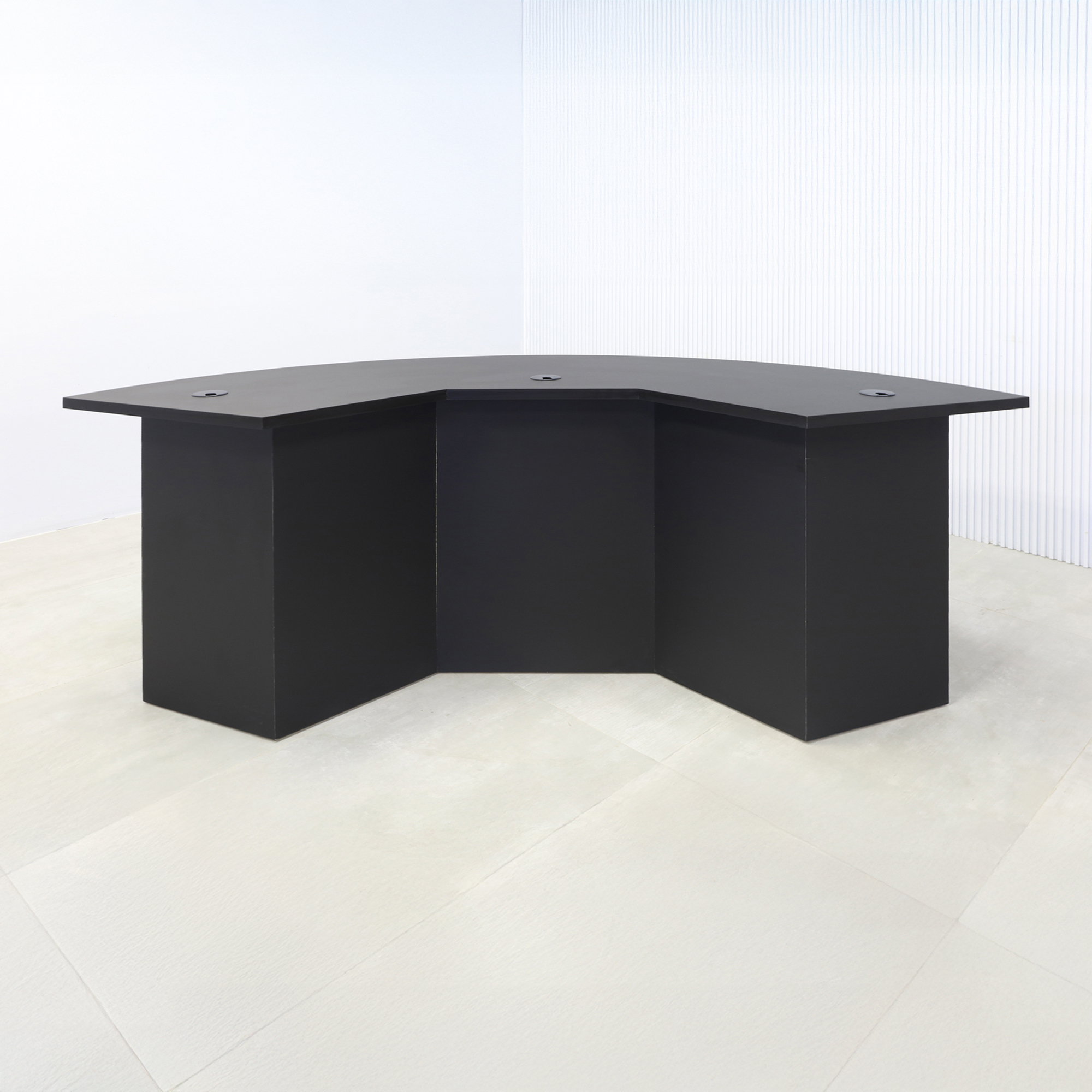 84-inch Tampa Bay Podcast Table with black traceless laminate top, black traceless laminate front panel finish, black traceless laminate inside finish, and color LED.