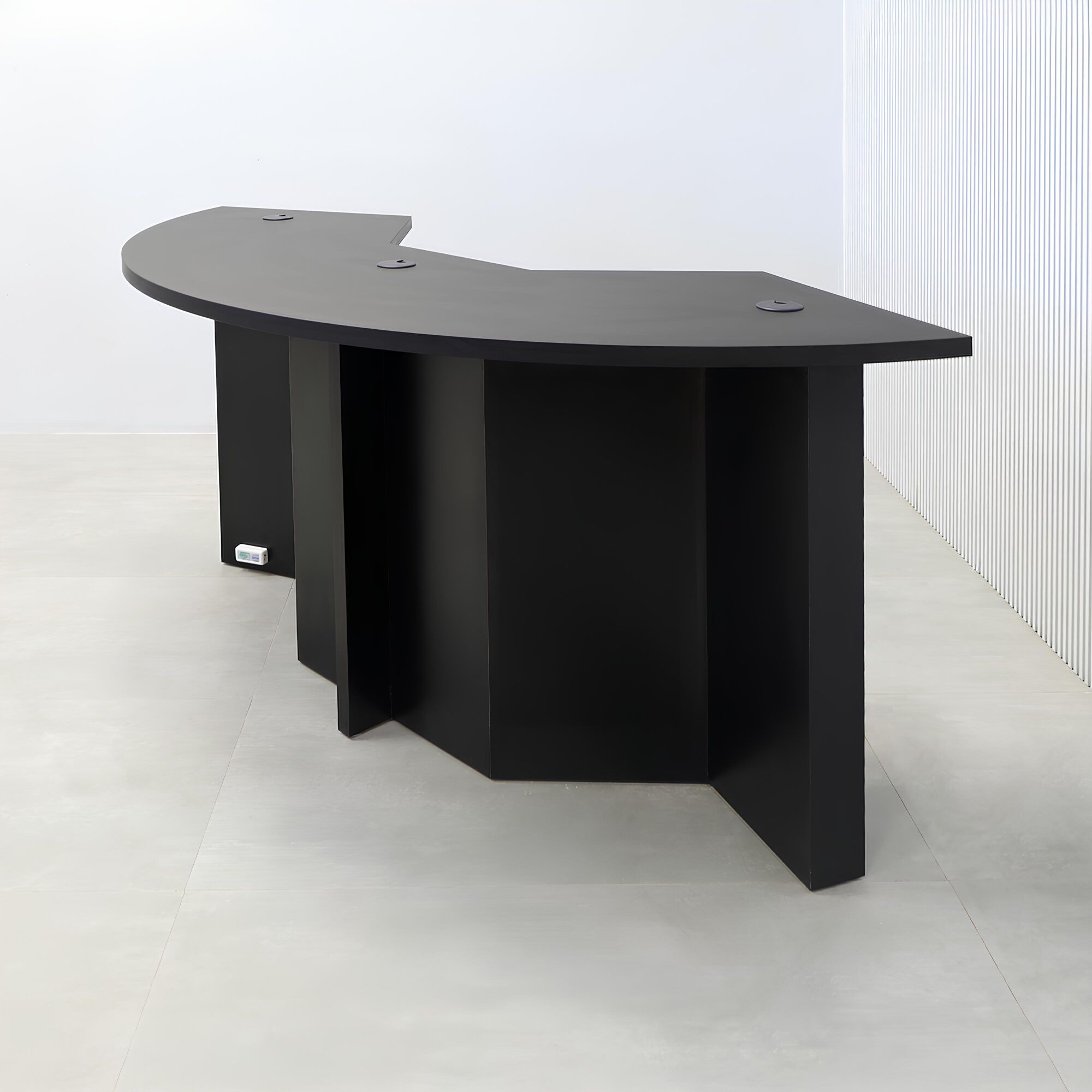84-inch Tampa Bay Podcast Table with black traceless laminate top, black traceless laminate front panel finish, black traceless laminate inside finish, and color LED.