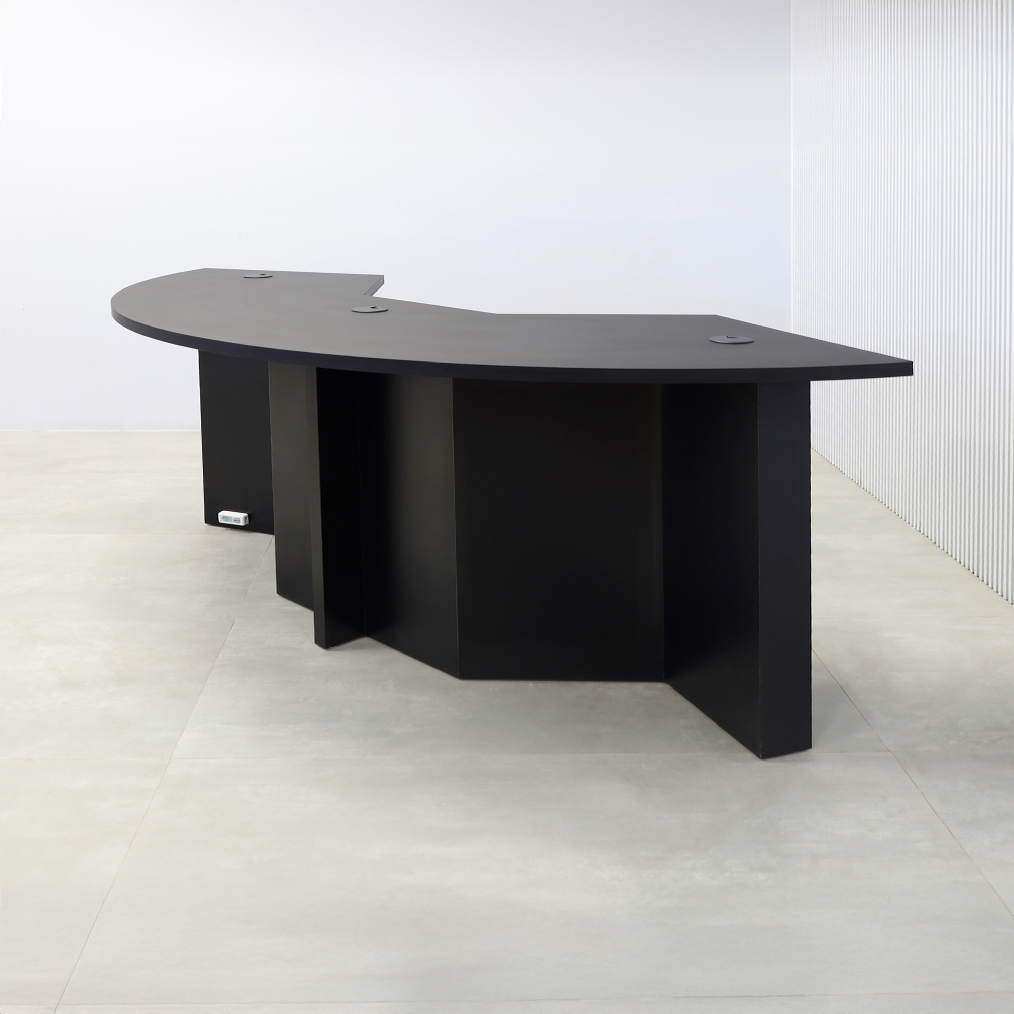 84-inch Tampa Bay Podcast Table with black traceless laminate top, black traceless laminate front panel finish, black traceless laminate inside finish, and color LED.