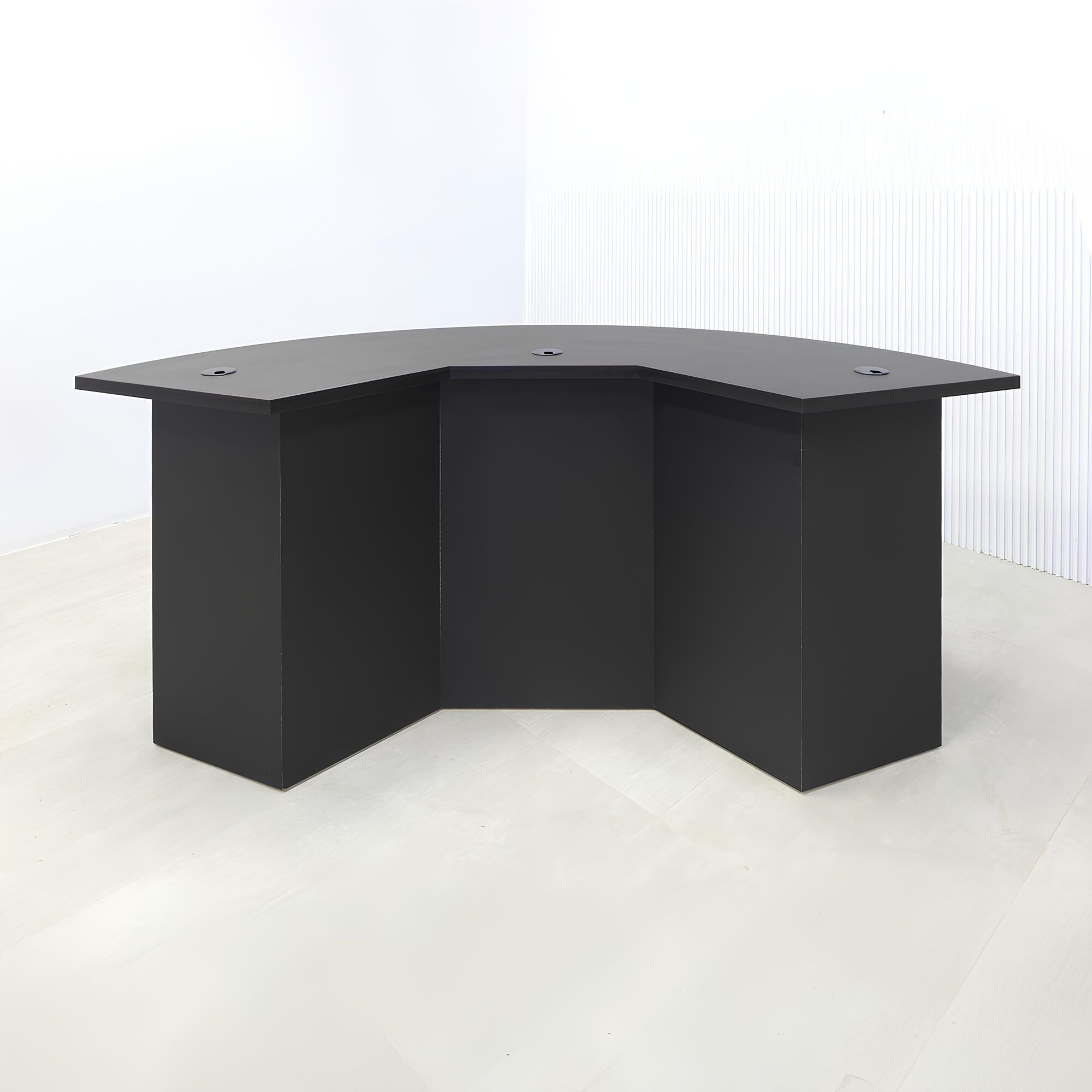 84-inch Tampa Bay Podcast Table with black traceless laminate top, black traceless laminate front panel finish, black traceless laminate inside finish, and color LED.