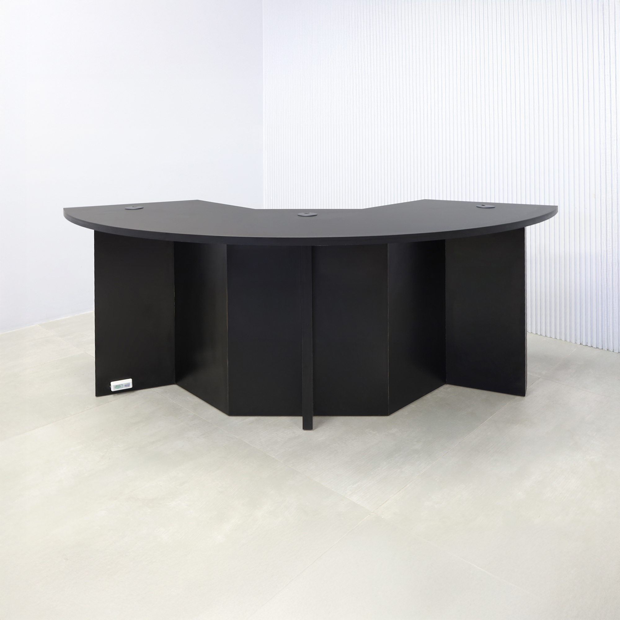 84-inch Tampa Bay Podcast Table with black traceless laminate top, black traceless laminate front panel finish, black traceless laminate inside finish, and color LED.