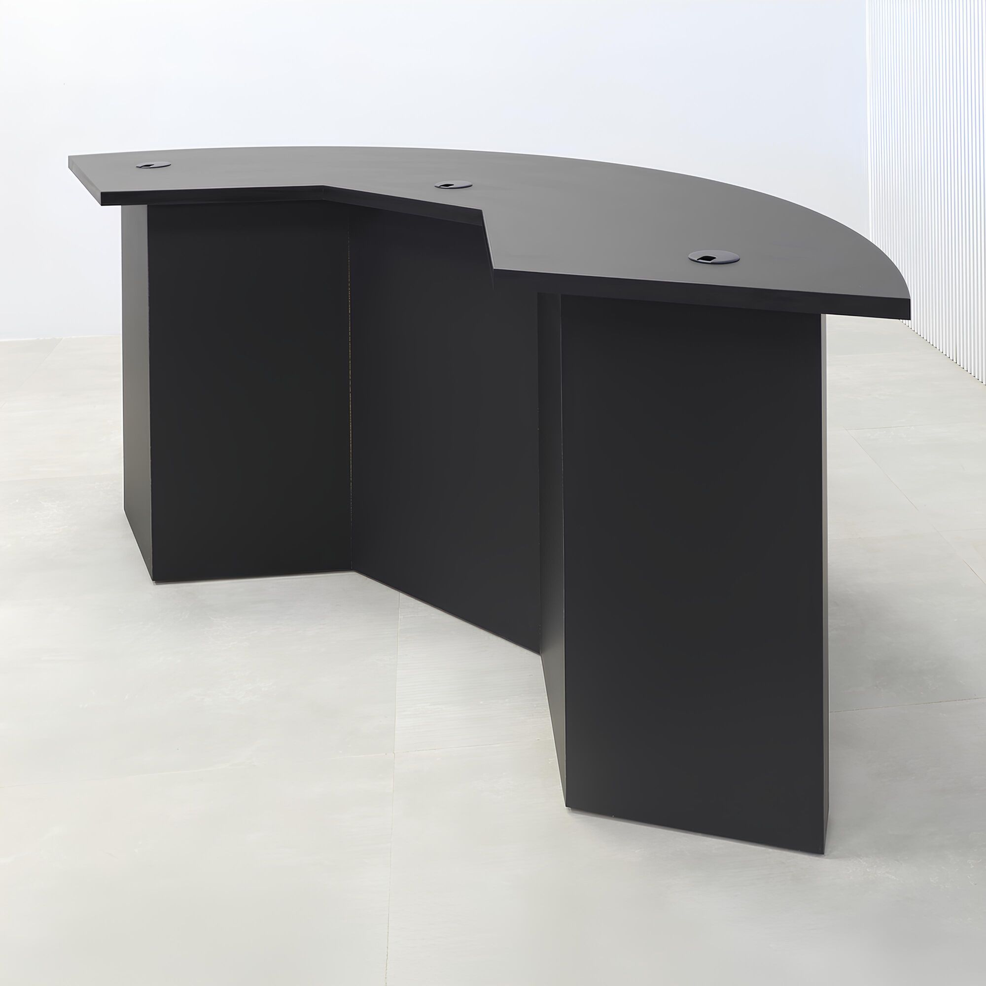 84-inch Tampa Bay Podcast Table with black traceless laminate top, black traceless laminate front panel finish, black traceless laminate inside finish, and color LED.