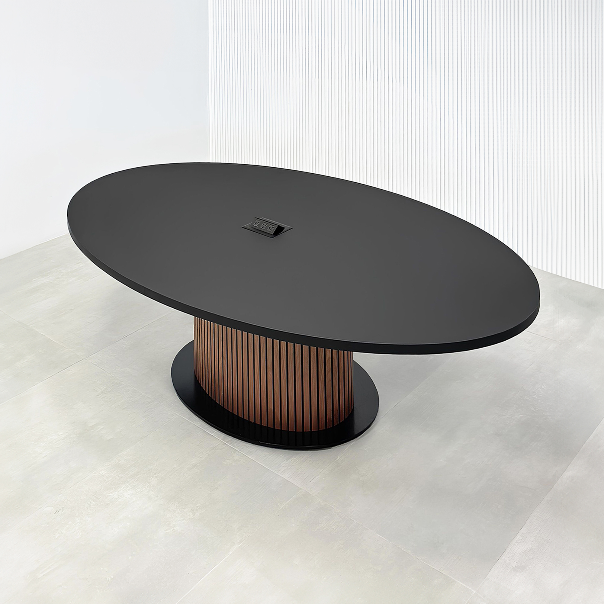 84-inch Newton Oval Conference Table with laminate top and X3 Base with black traceless laminate top, walnut tambour with black background pedestal, black metal powder coated base, and mx2 in black.