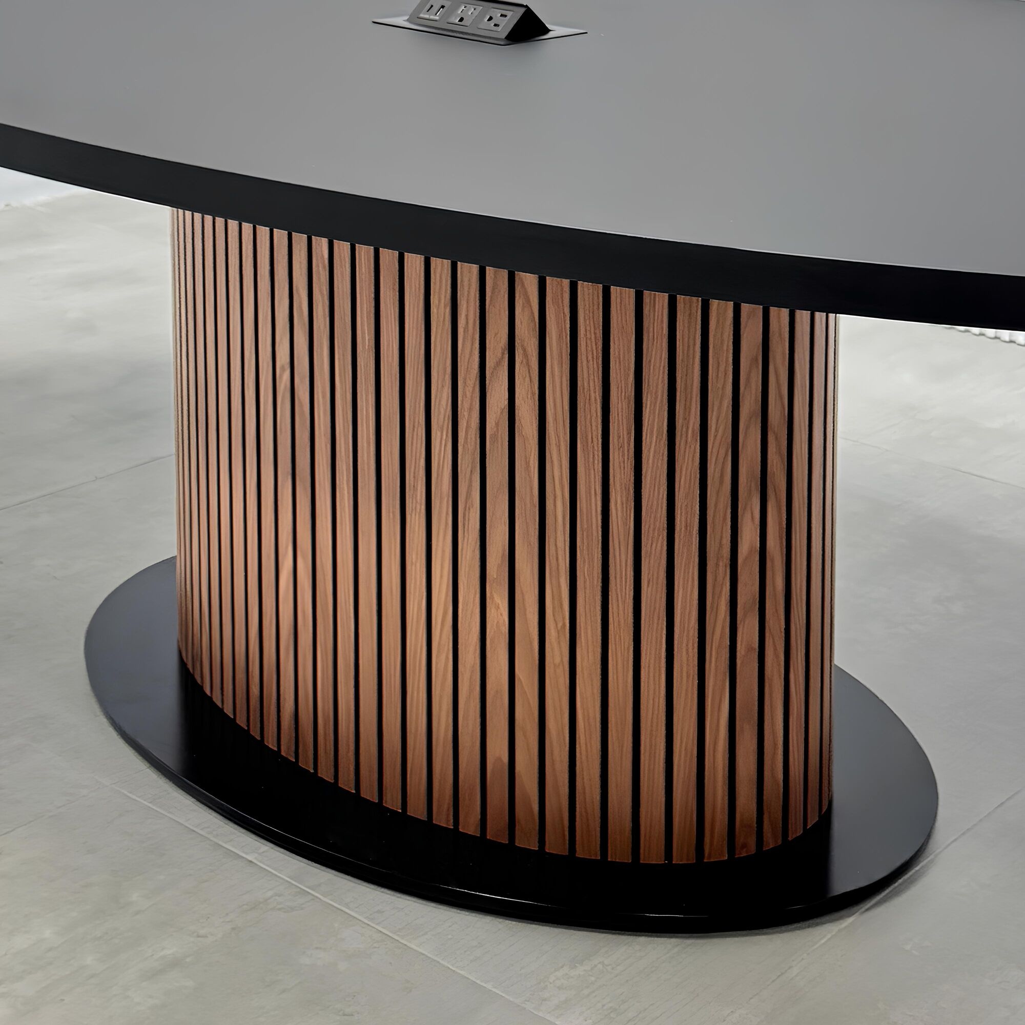 84-inch Newton Oval Conference Table with laminate top and X3 Base with black traceless laminate top, walnut tambour with black background pedestal, black metal powder coated base, and mx2 in black.