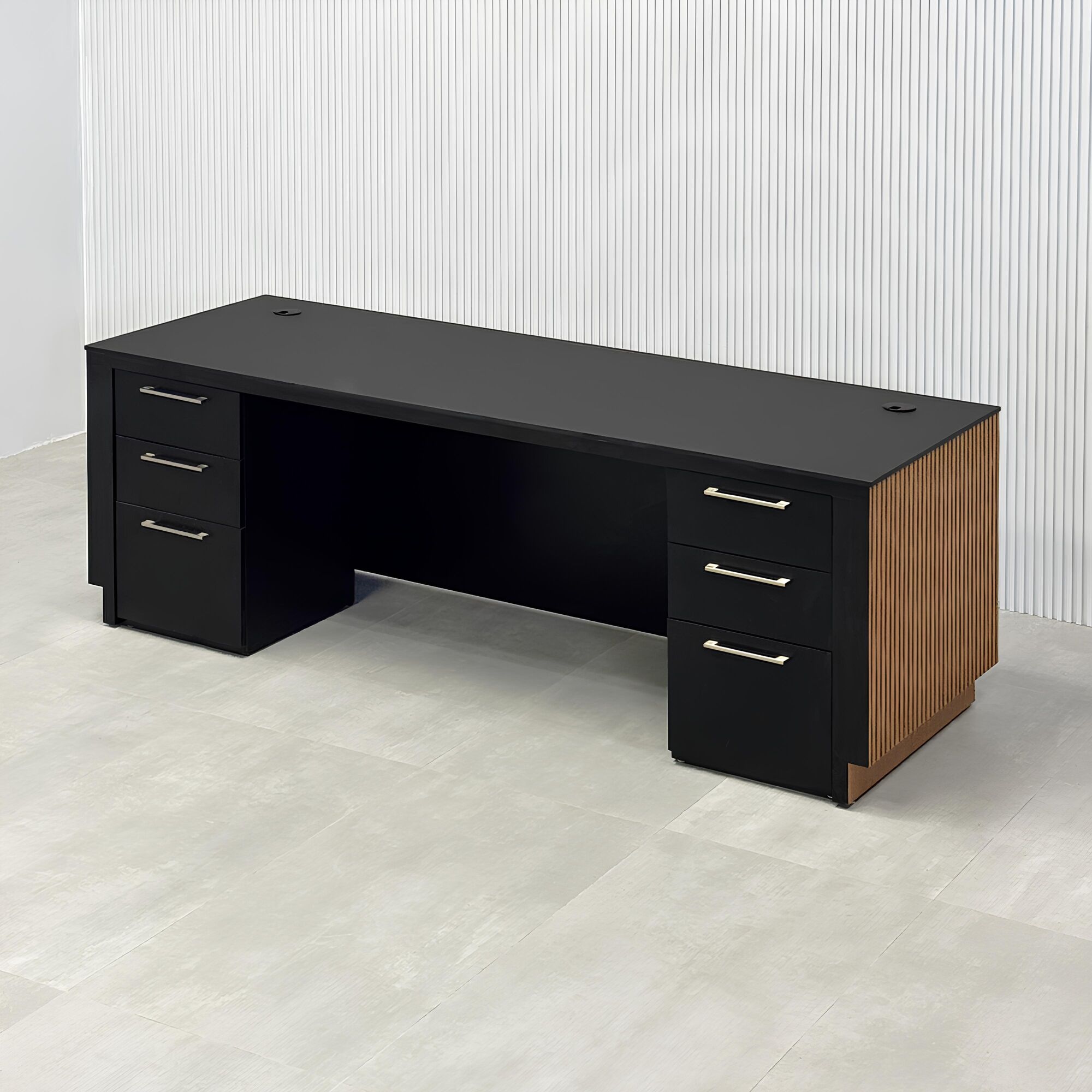 84-inch Houston Executive Desk with 1/2 black traceless engineered surface top, australian walnut tambour with black background front, australian walnut veneer toe-kick and workspace, and white LED.
