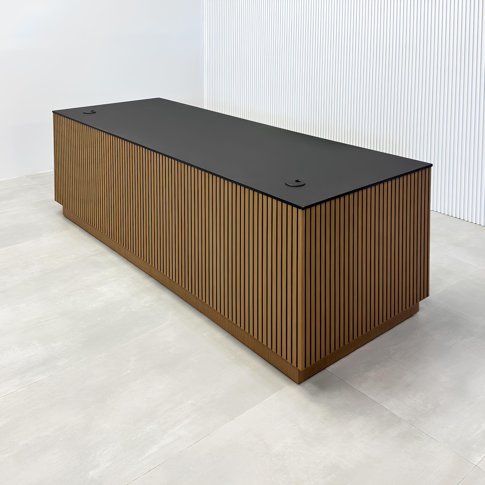 84-inch Houston Executive Desk with 1/2 black traceless engineered surface top, australian walnut tambour with black background front, australian walnut veneer toe-kick and workspace, and white LED.