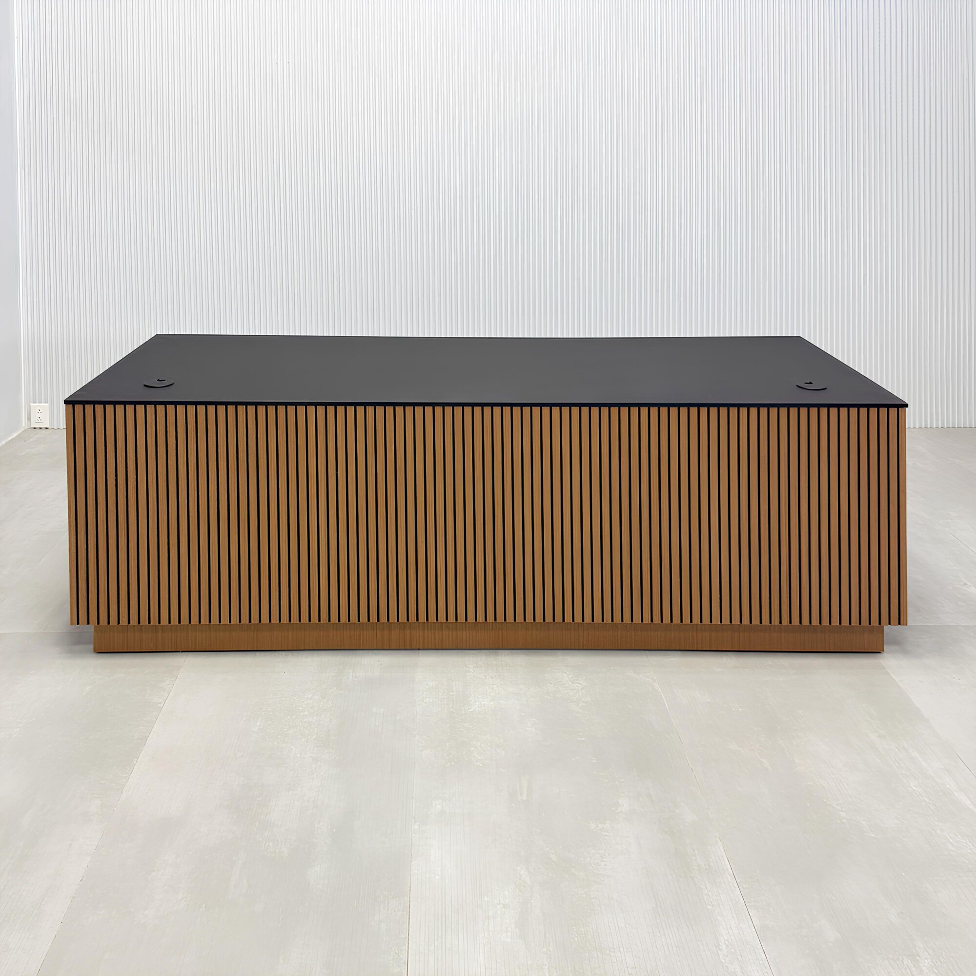 84-inch Houston Executive Desk with 1/2 black traceless engineered surface top, australian walnut tambour with black background front, australian walnut veneer toe-kick and workspace, and white LED.