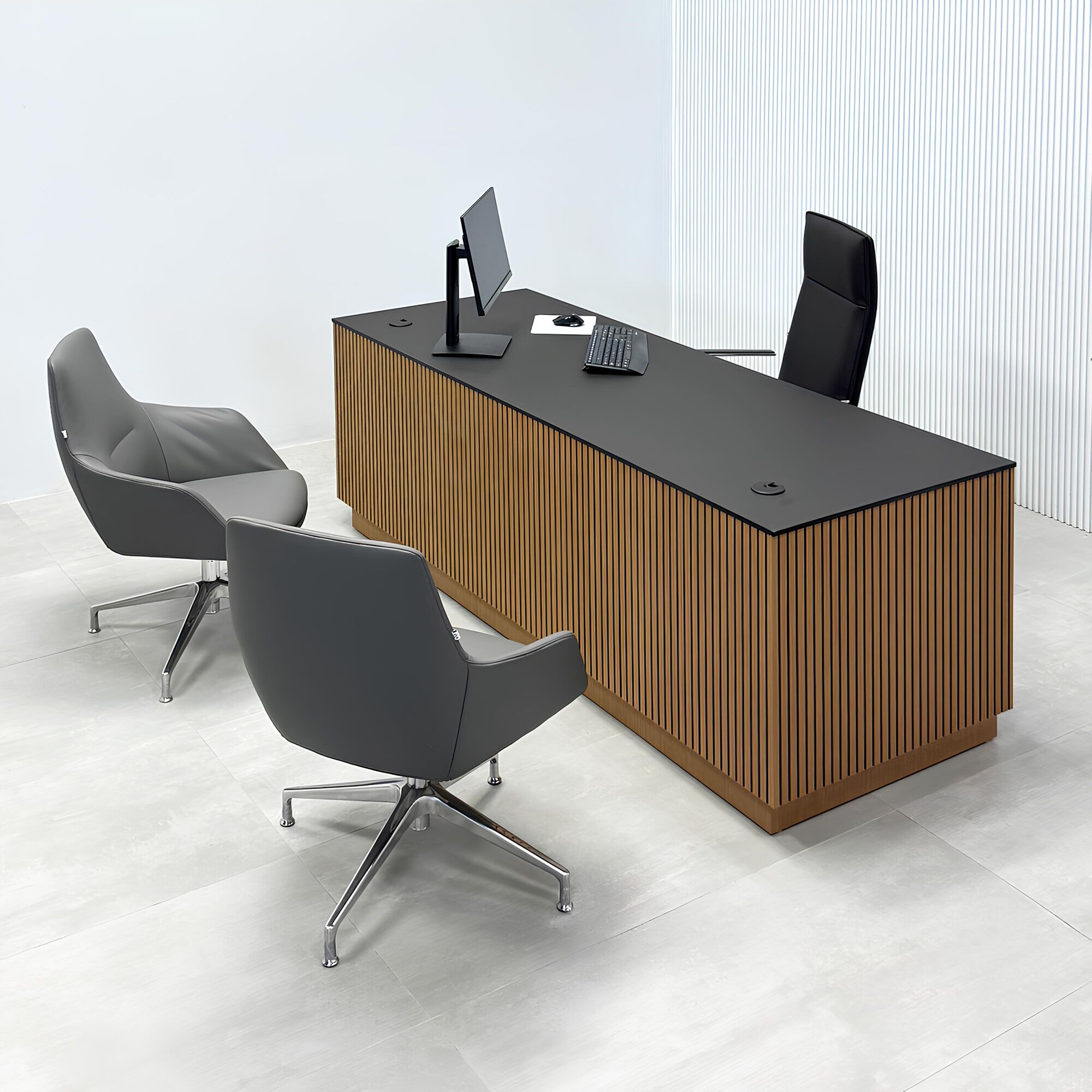 84-inch Houston Executive Desk with 1/2 black traceless engineered surface top, australian walnut tambour with black background front, australian walnut veneer toe-kick and workspace, and white LED.