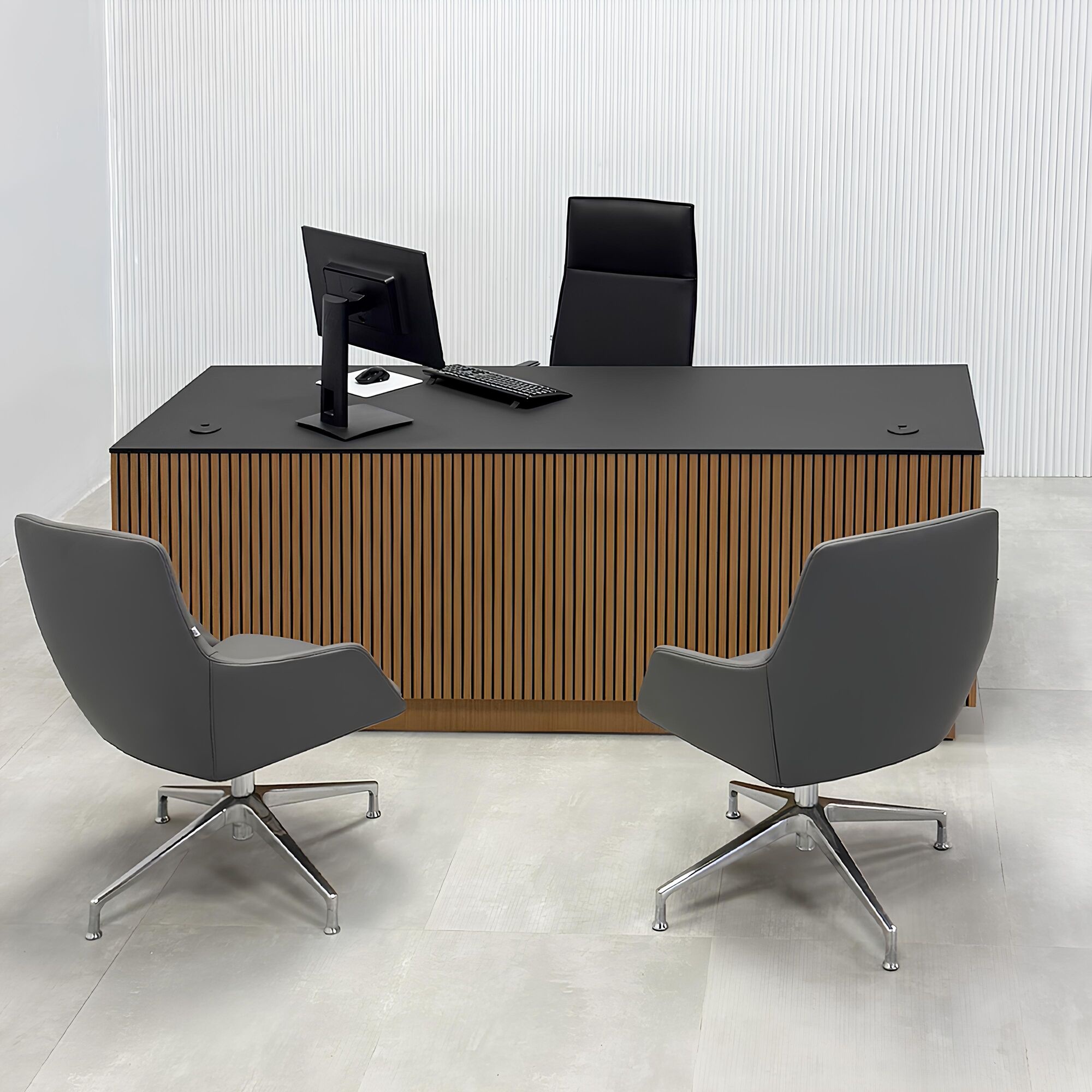 84-inch Houston Executive Desk with 1/2 black traceless engineered surface top, australian walnut tambour with black background front, australian walnut veneer toe-kick and workspace, and white LED.