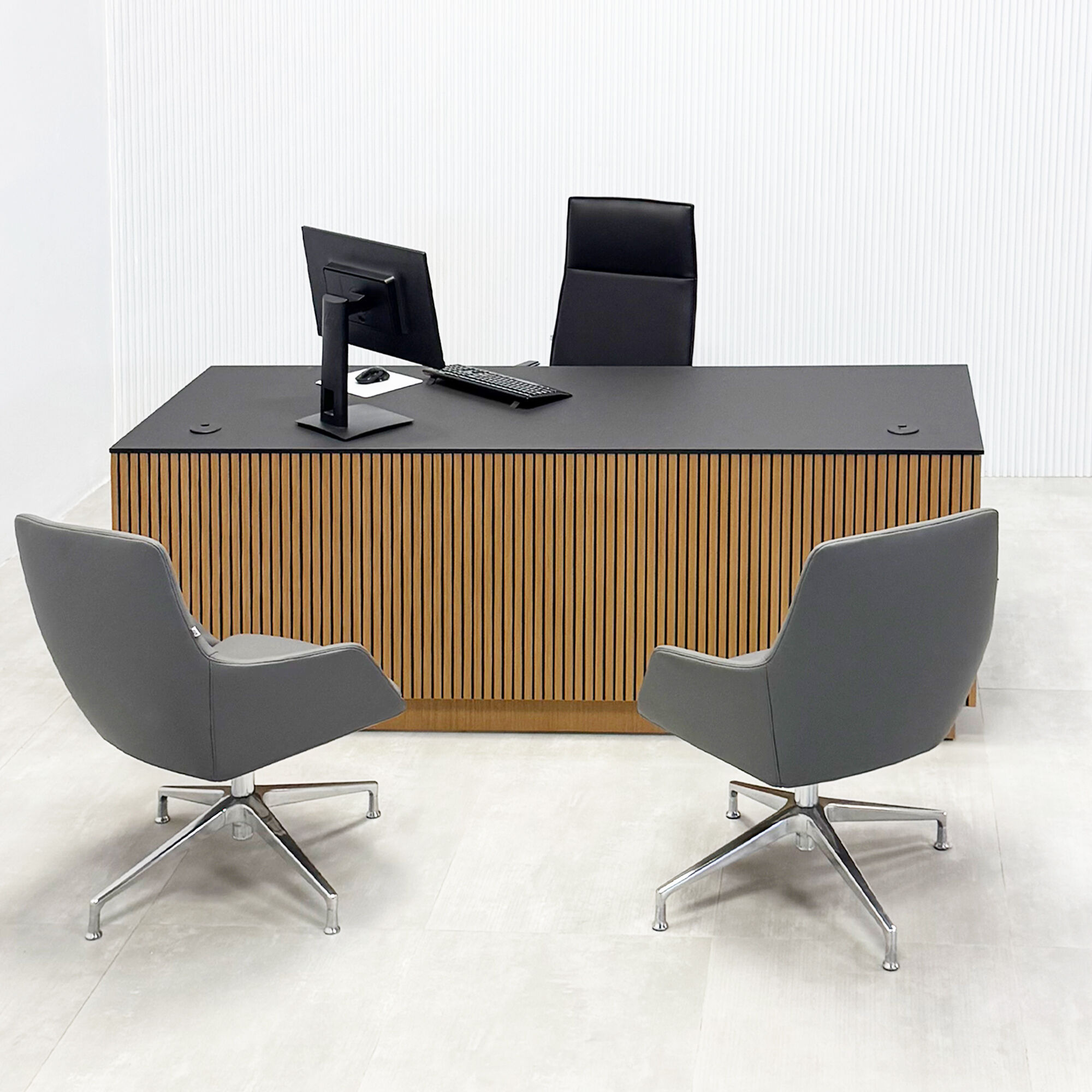 84-inch Houston Executive Desk with 1/2 black traceless engineered surface top, australian walnut tambour with black background front, australian walnut veneer toe-kick and workspace, and white LED.