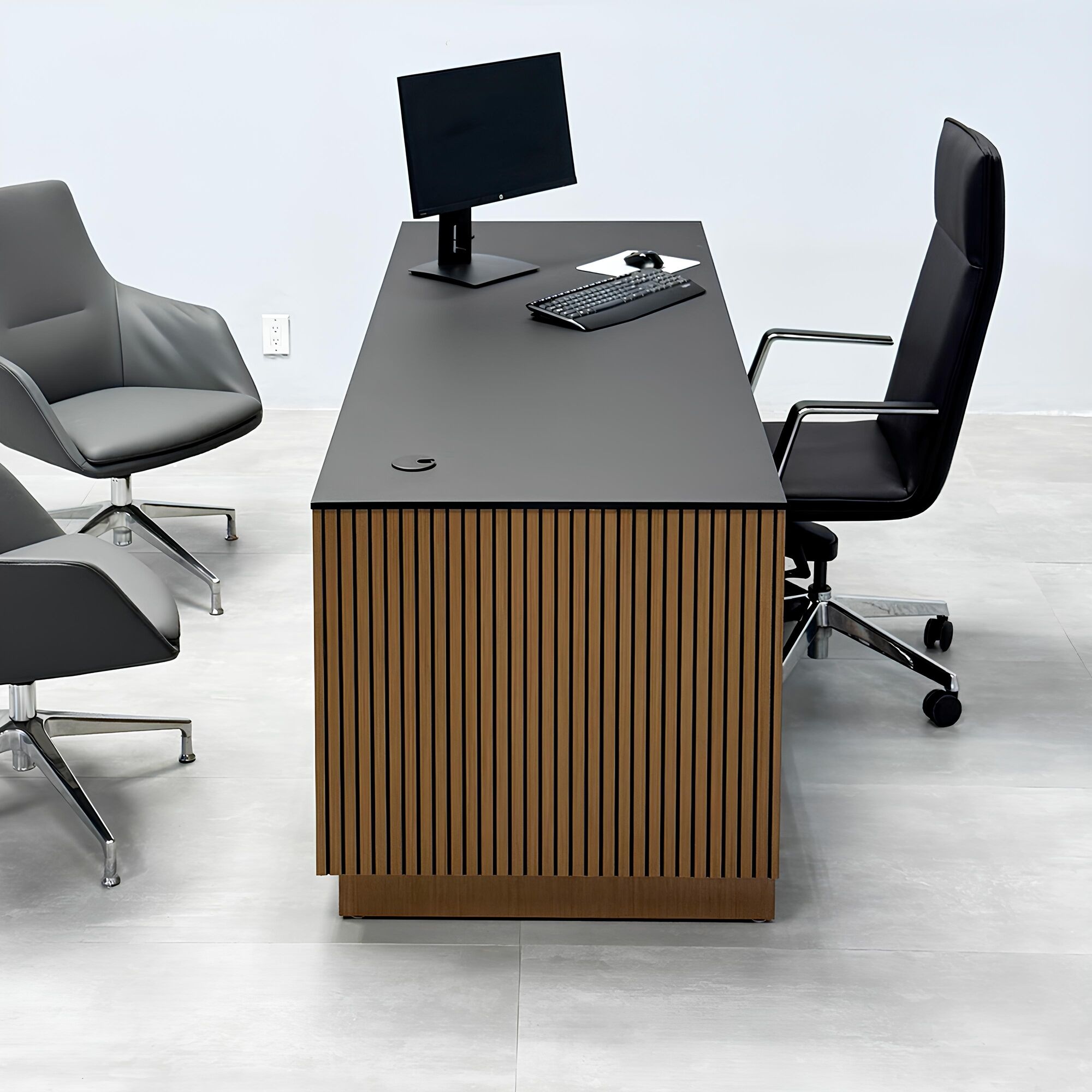 84-inch Houston Executive Desk with 1/2 black traceless engineered surface top, australian walnut tambour with black background front, australian walnut veneer toe-kick and workspace, and white LED.