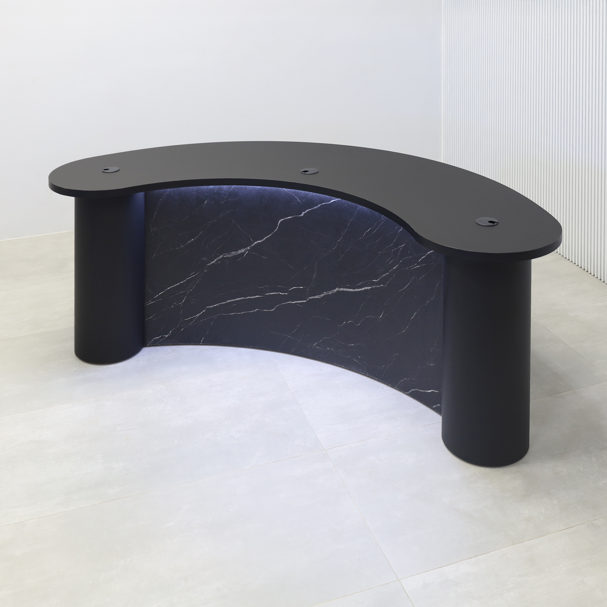 84-inch Rochester Podcast Table with black traceless laminate top, black matte laminate inside, black stone palazzo front panel, black traceless column, and white LED.