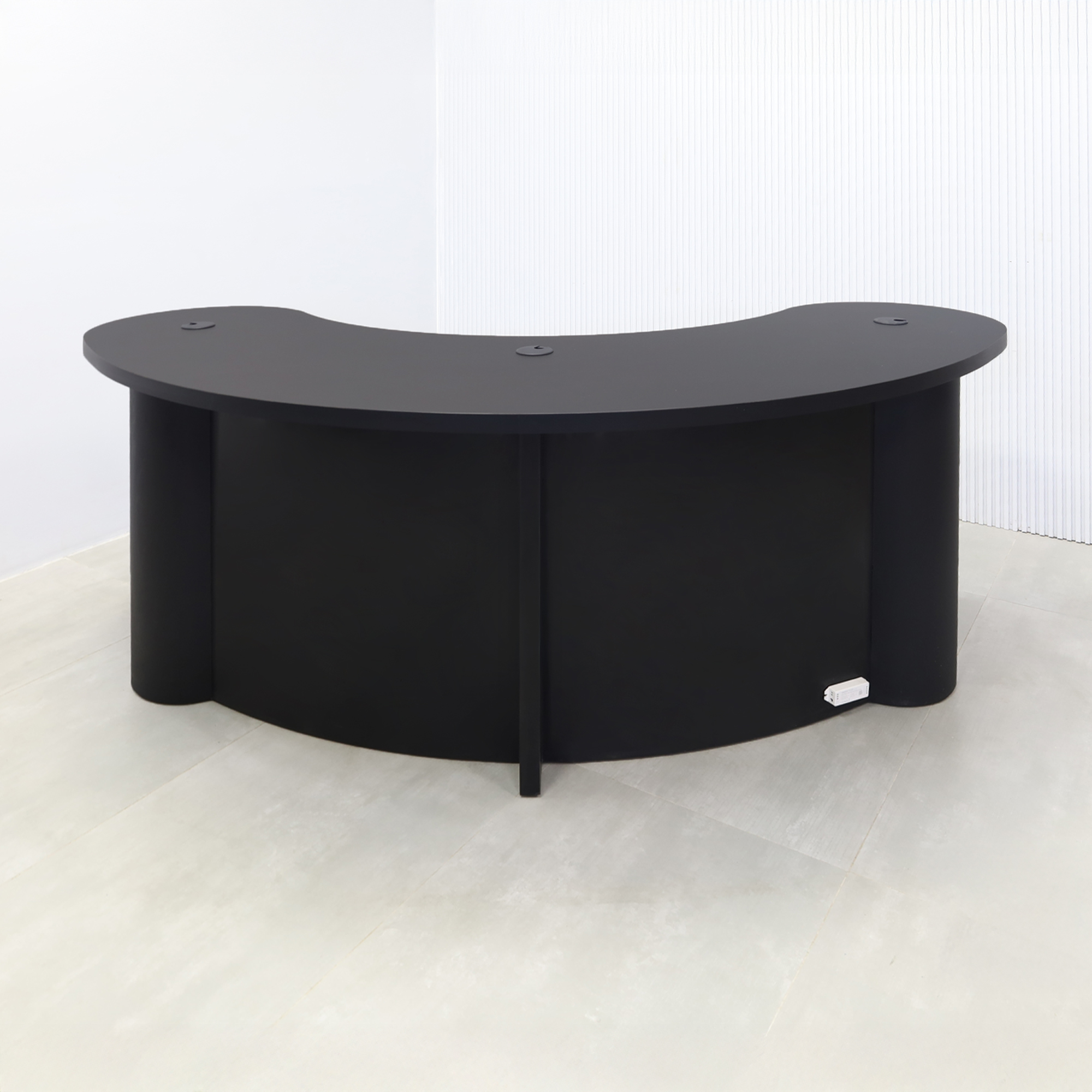 84-inch Rochester Podcast Table with black traceless laminate top, black matte laminate inside, black stone palazzo front panel, black traceless column, and white LED.