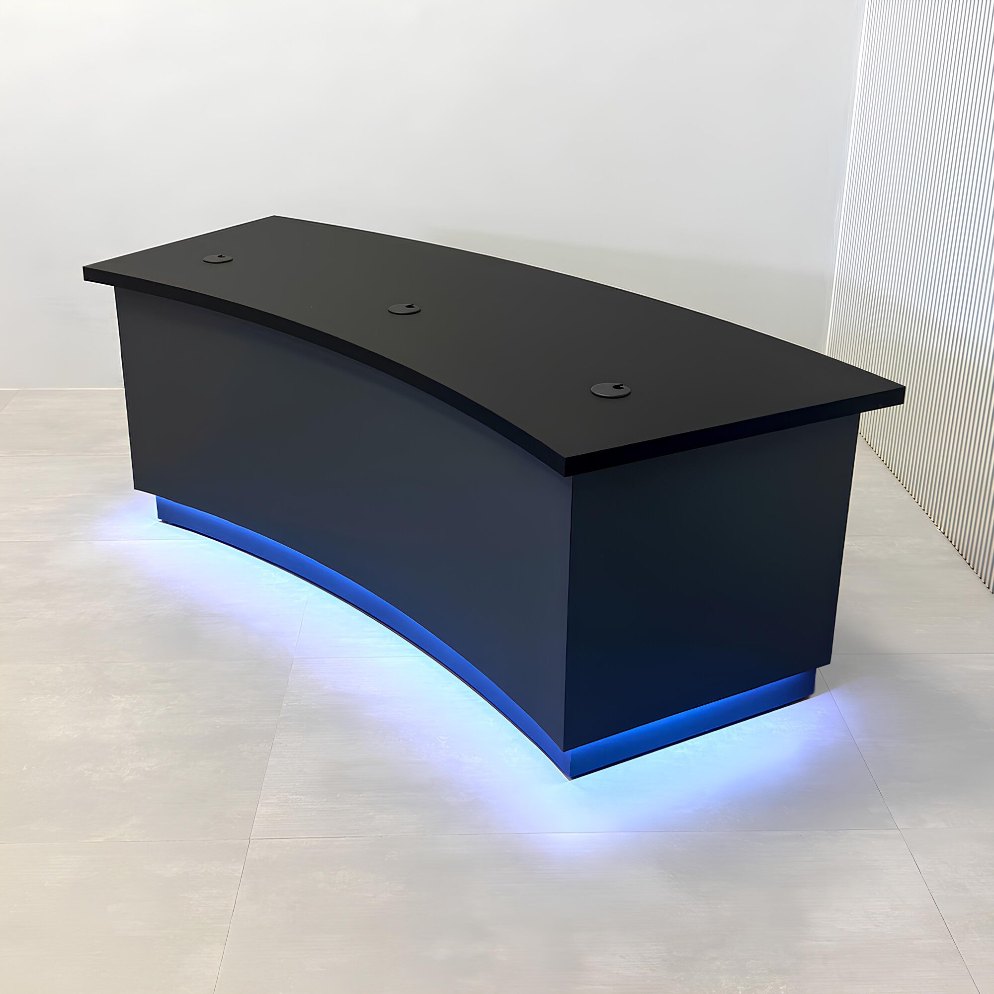 84-inch Seattle Custom Podcast Table with black tracless laminate top, dark gray traceless laminate front base, black matte laminate back base, and dark gray traceless laminate toe-kick.