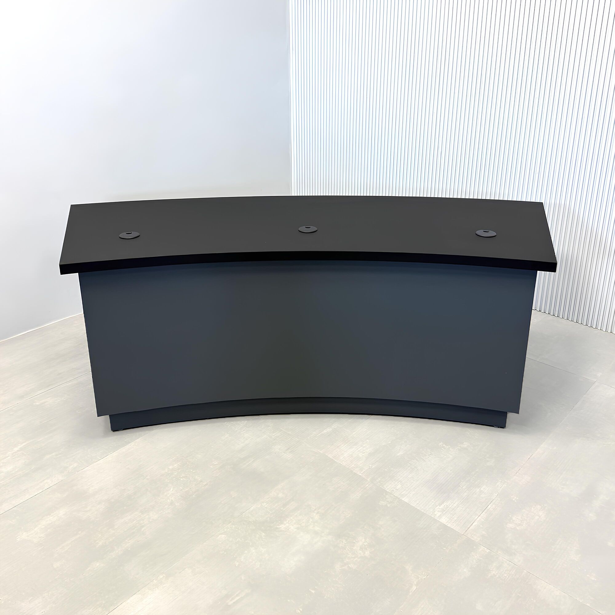 84-inch Seattle Custom Podcast Table with black tracless laminate top, dark gray traceless laminate front base, black matte laminate back base, and dark gray traceless laminate toe-kick.
