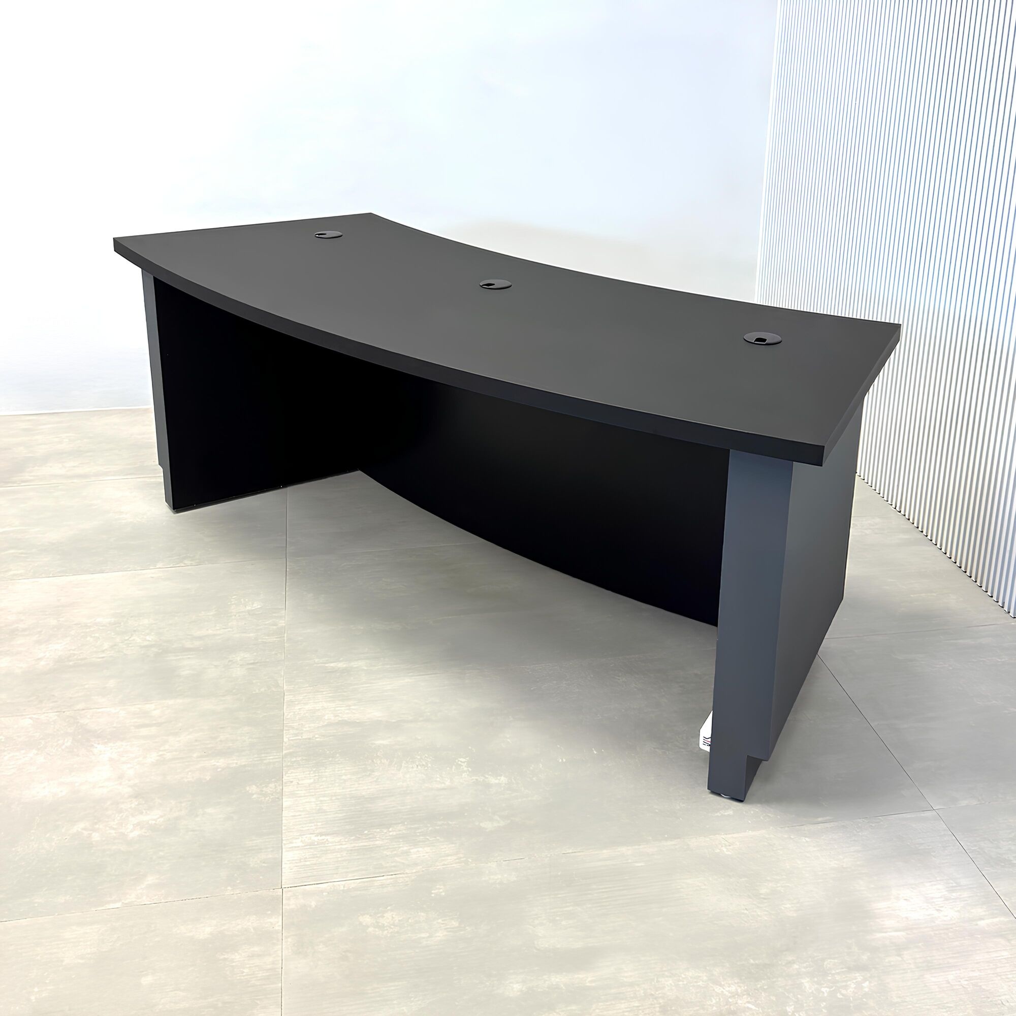 84-inch Seattle Custom Podcast Table with black tracless laminate top, dark gray traceless laminate front base, black matte laminate back base, and dark gray traceless laminate toe-kick.