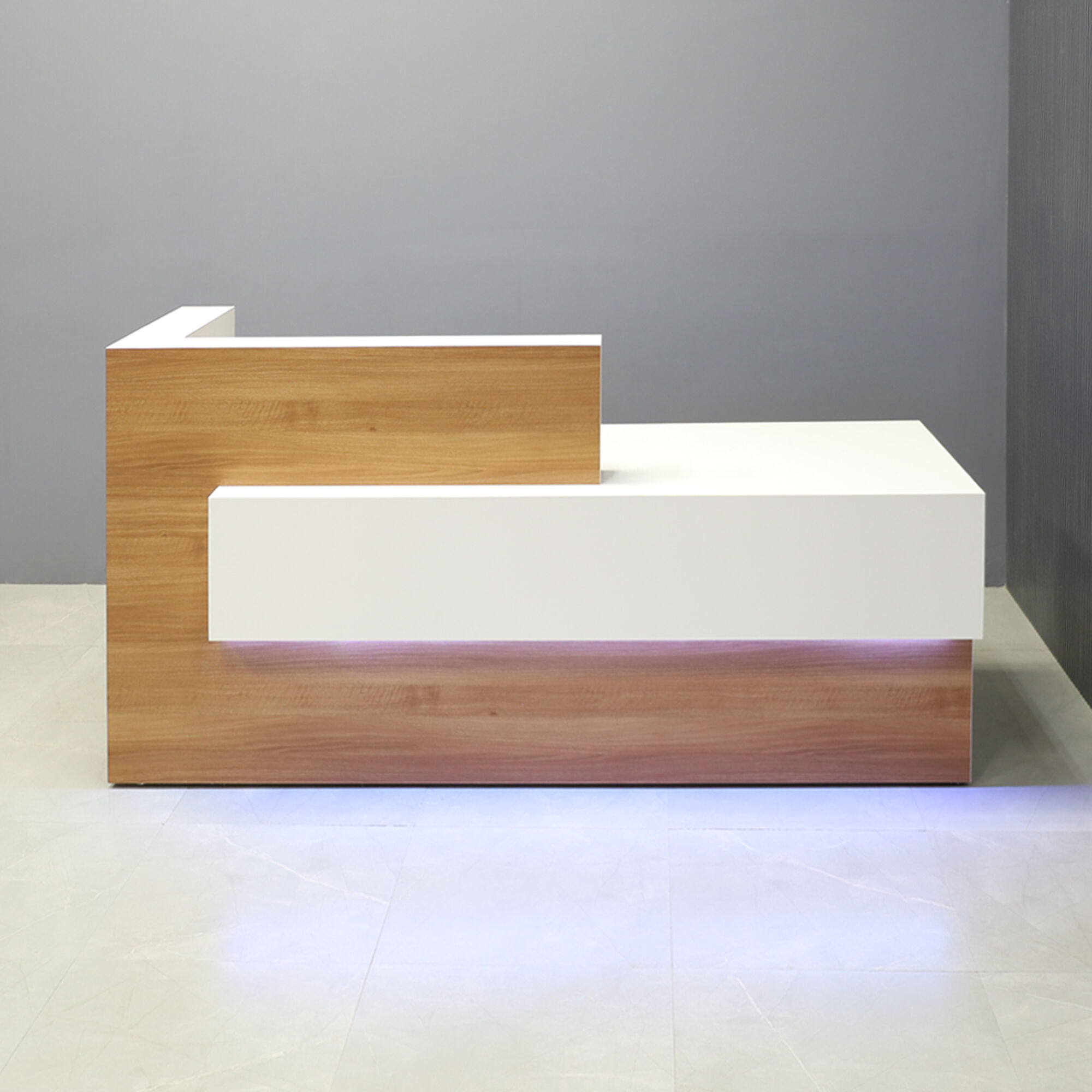 84-inch Atlanta Reception Desk in brazilwood countertop & base, dover off-white matte laminate workspace & front accent, with multi-colored LED, shown here.