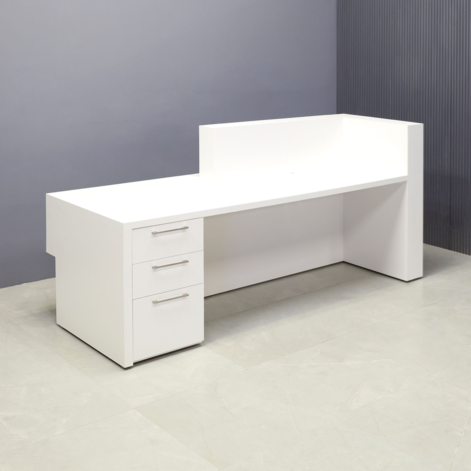 84-inch Atlanta Reception Desk in brazilwood countertop & base, dover off-white matte laminate workspace & front accent, with multi-colored LED. Built-in storage on left side when sitting, shown here.