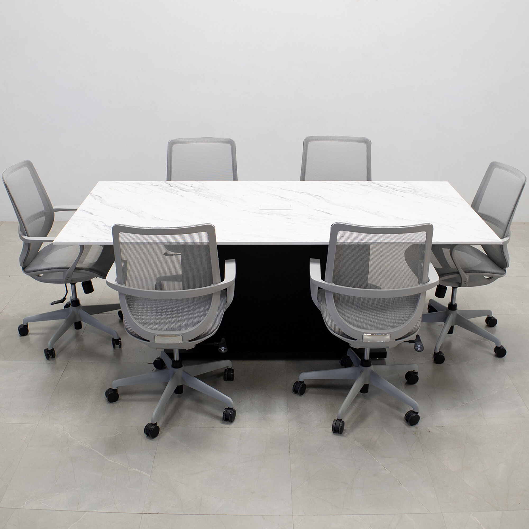 84-inches Aurora Rectangular Conference Table with calcutta engineered surface Top and black traceless laminate with black base.