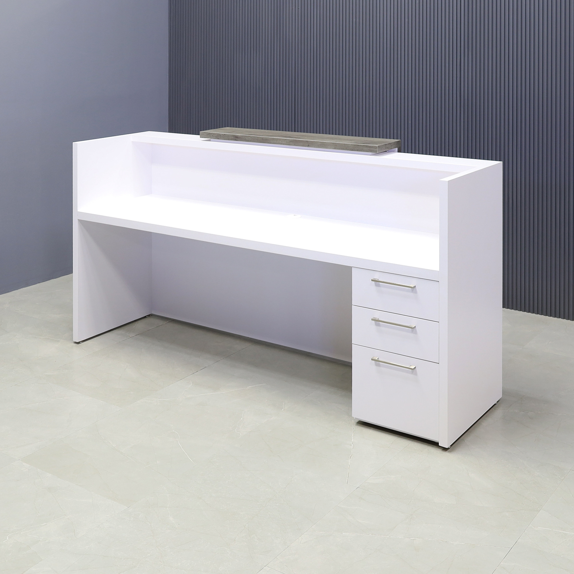 84-inch Chicago Custom Reception Desk in metropolitan concrete PVC counter and white matte laminate desk, with color LED, and built-in storage on right side, shown here.