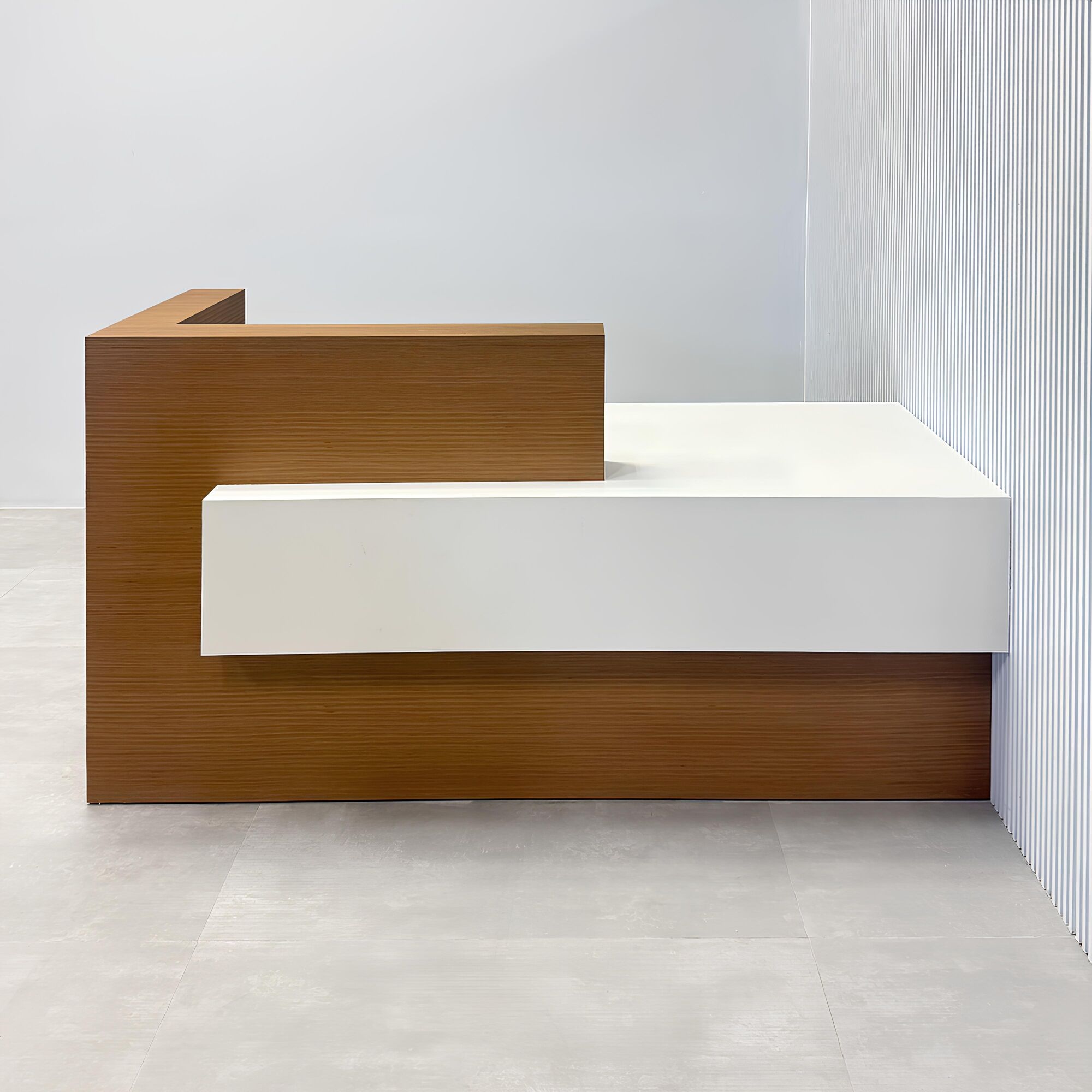 84-inch Atlanta Reception Desk with (special) australian walnut veneer counter top & base, dover off-white front accent & workspace, and white LED.