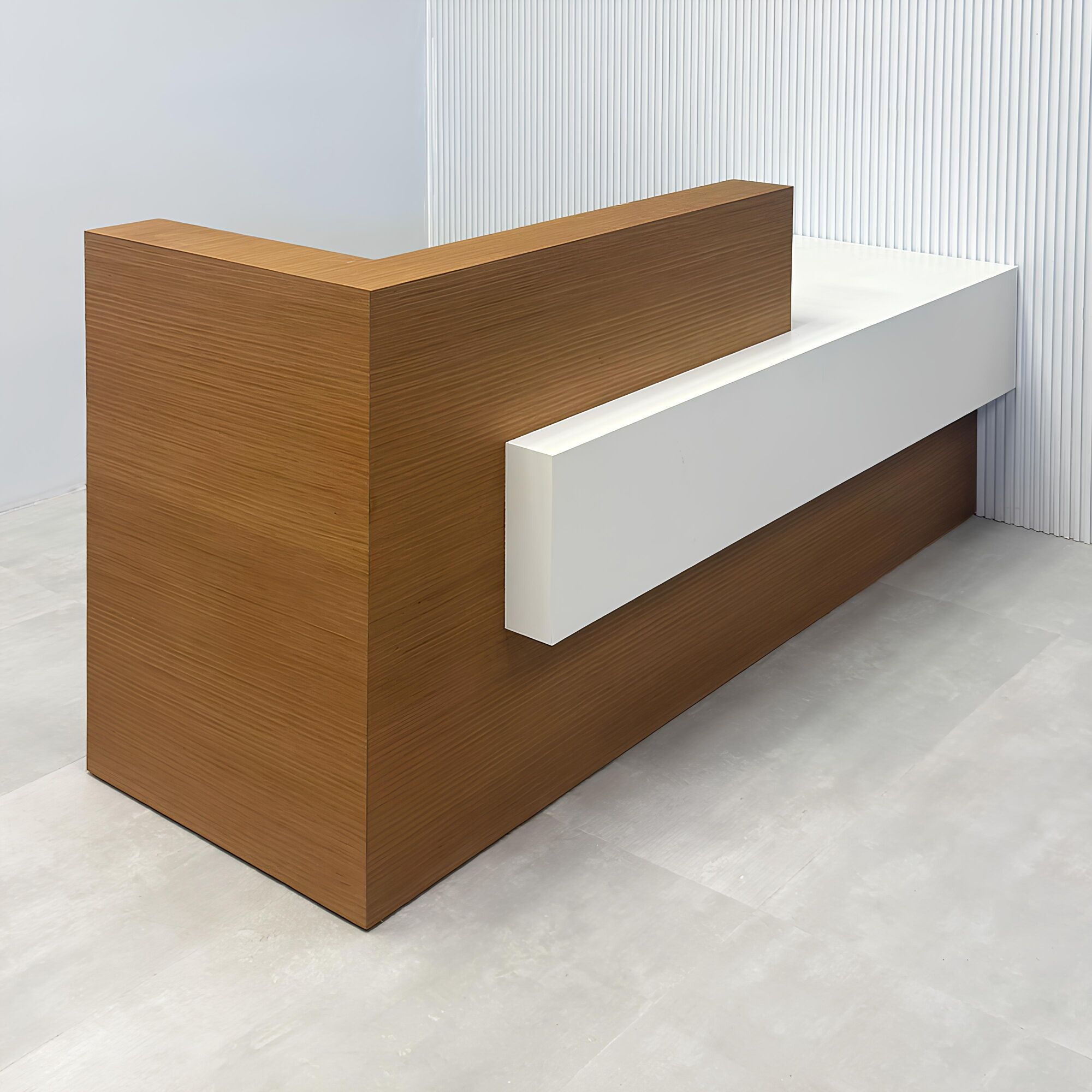 84-inch Atlanta Reception Desk with (special) australian walnut veneer counter top & base, dover off-white front accent & workspace, and white LED.