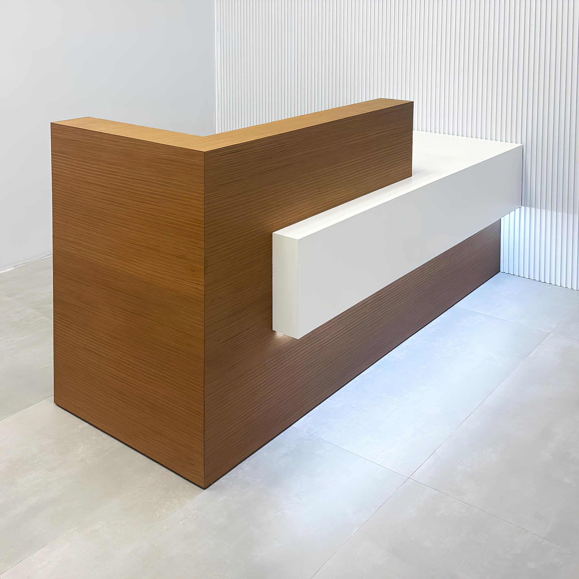 84-inch Atlanta Reception Desk with (special) australian walnut veneer counter top & base, dover off-white front accent & workspace, and white LED.