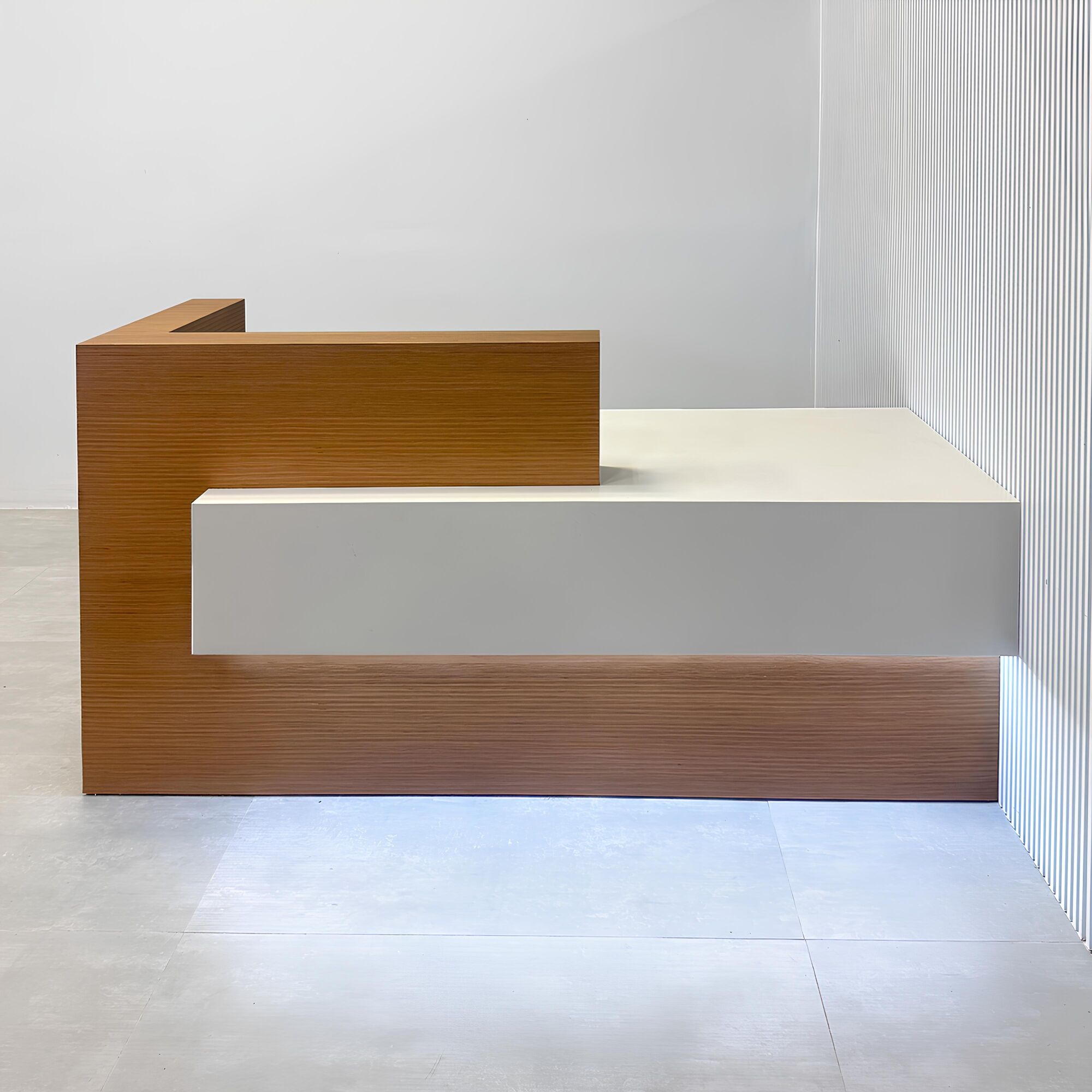 84-inch Atlanta Reception Desk with (special) australian walnut veneer counter top & base, dover off-white front accent & workspace, and white LED.