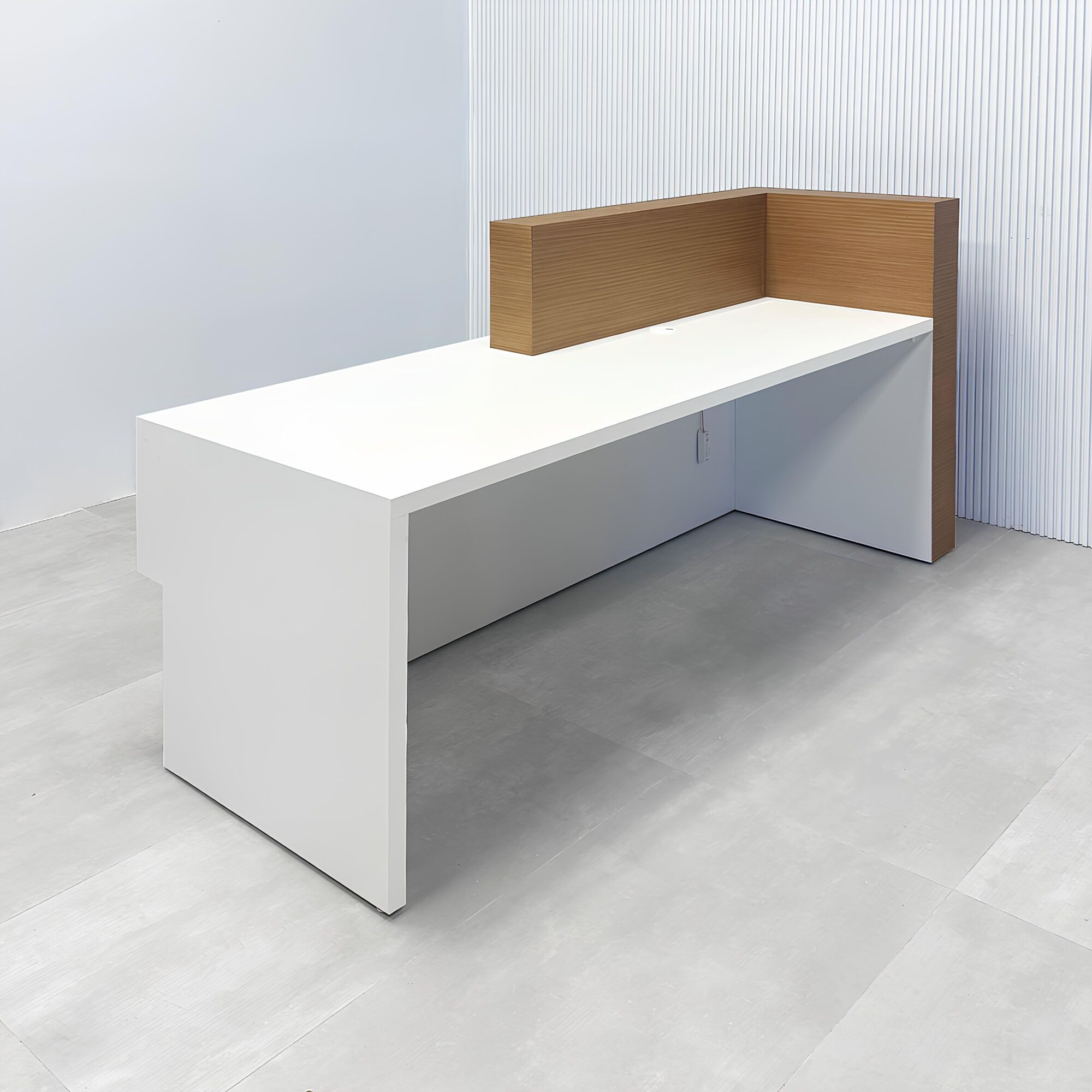 84-inch Atlanta Reception Desk with (special) australian walnut veneer counter top & base, dover off-white front accent & workspace, and white LED.