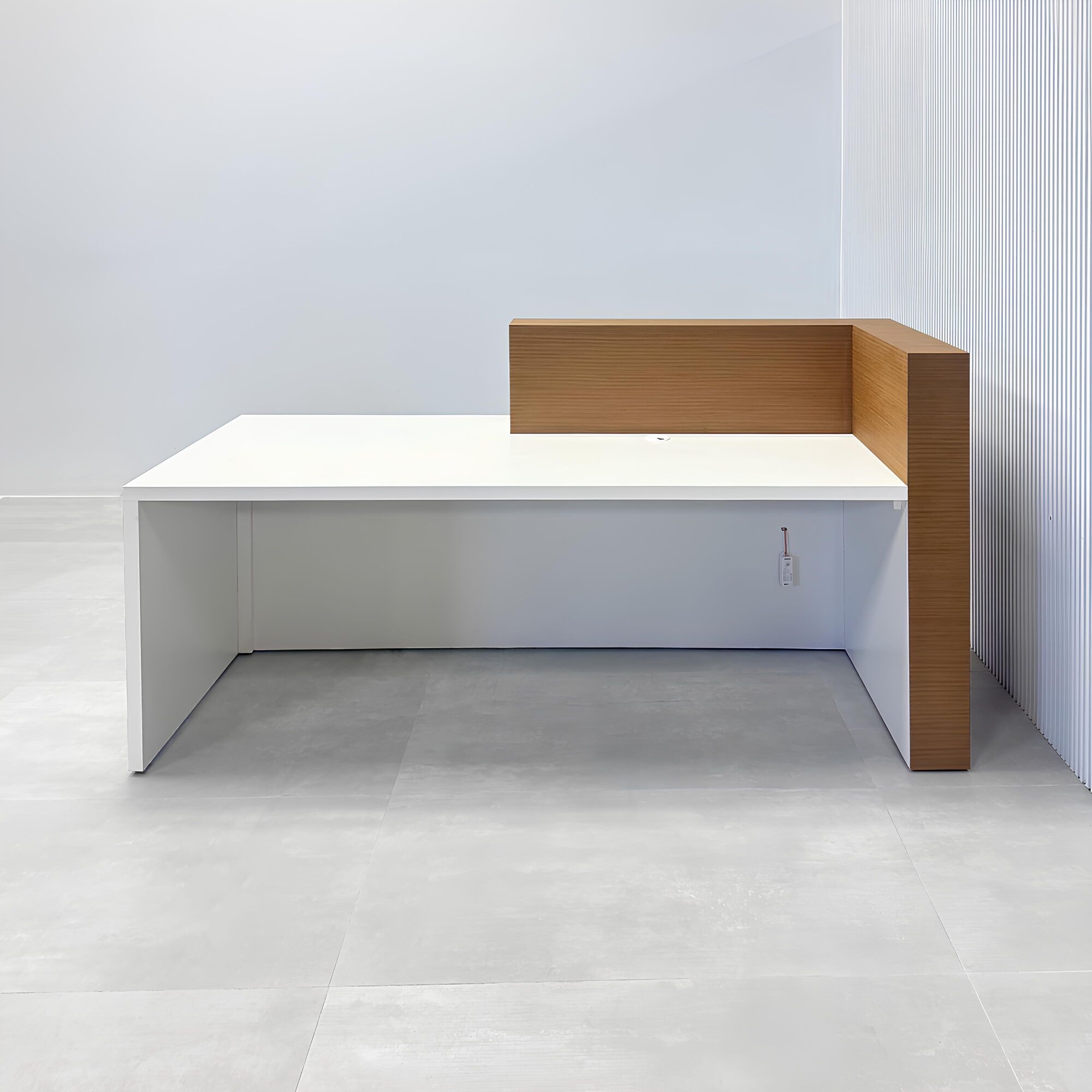 84-inch Atlanta Reception Desk with (special) australian walnut veneer counter top & base, dover off-white front accent & workspace, and white LED.