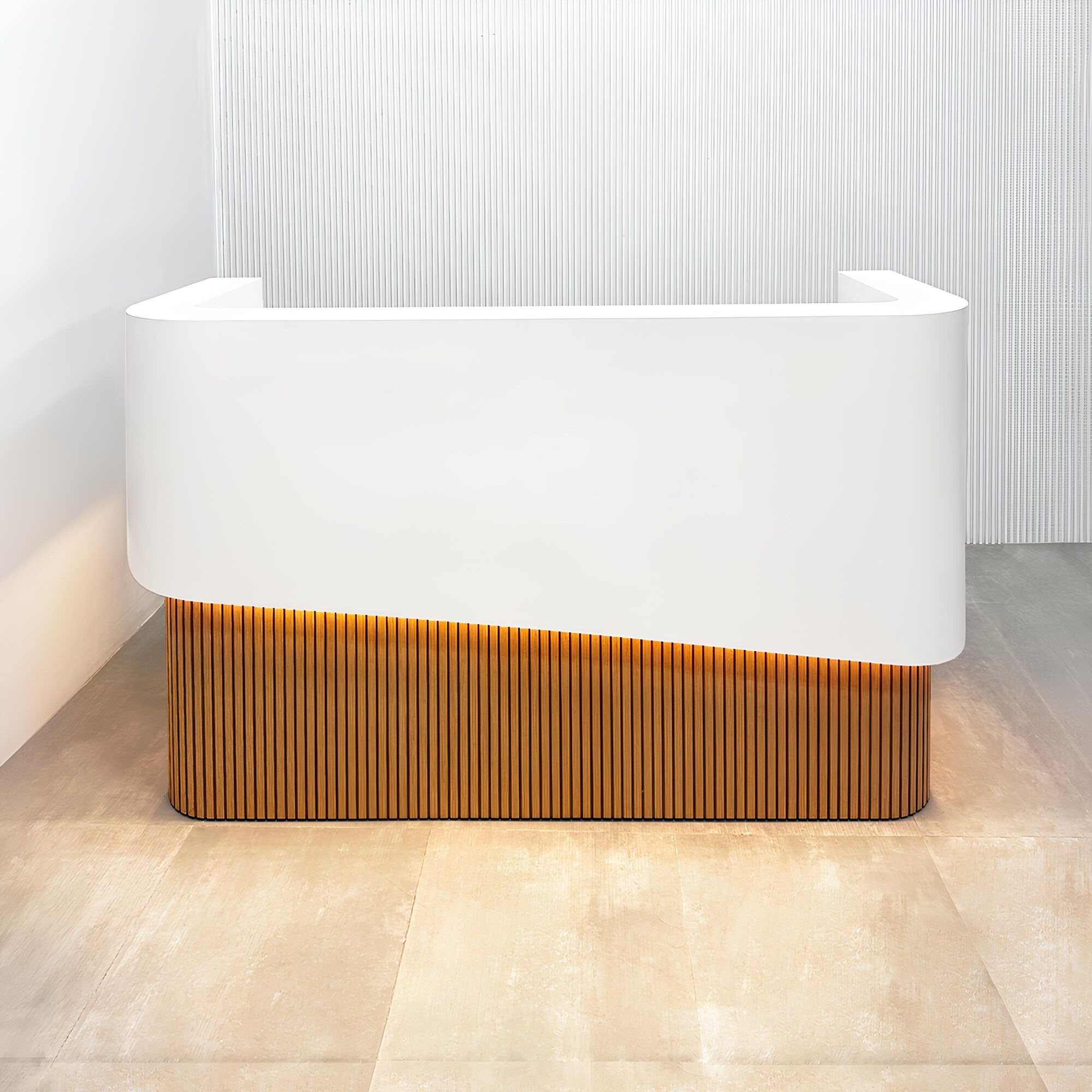 84-inch Nola Curved Custom Reception Desk with dover off-white matte laminate counter, white oak tambour desk, white matte laminate workspace, and warm white LED. 