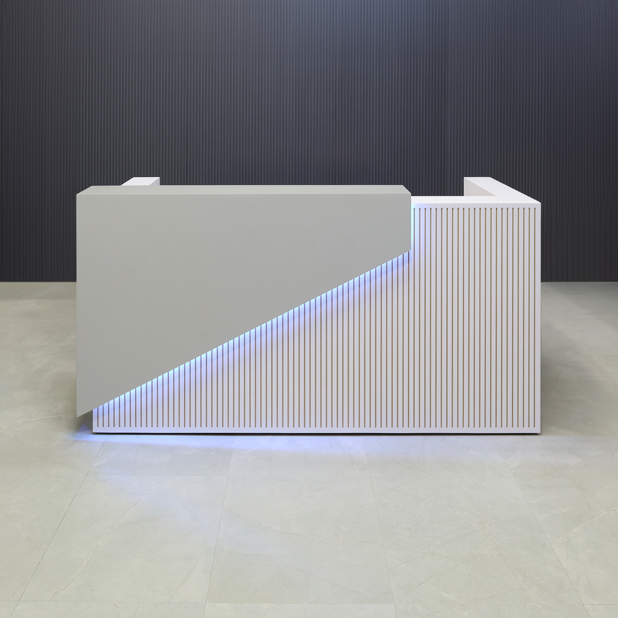 Miami Custom Reception Desk in fog gray laminate counter, white gloss laminate  grooved front panel and desk, with color LED shown here.