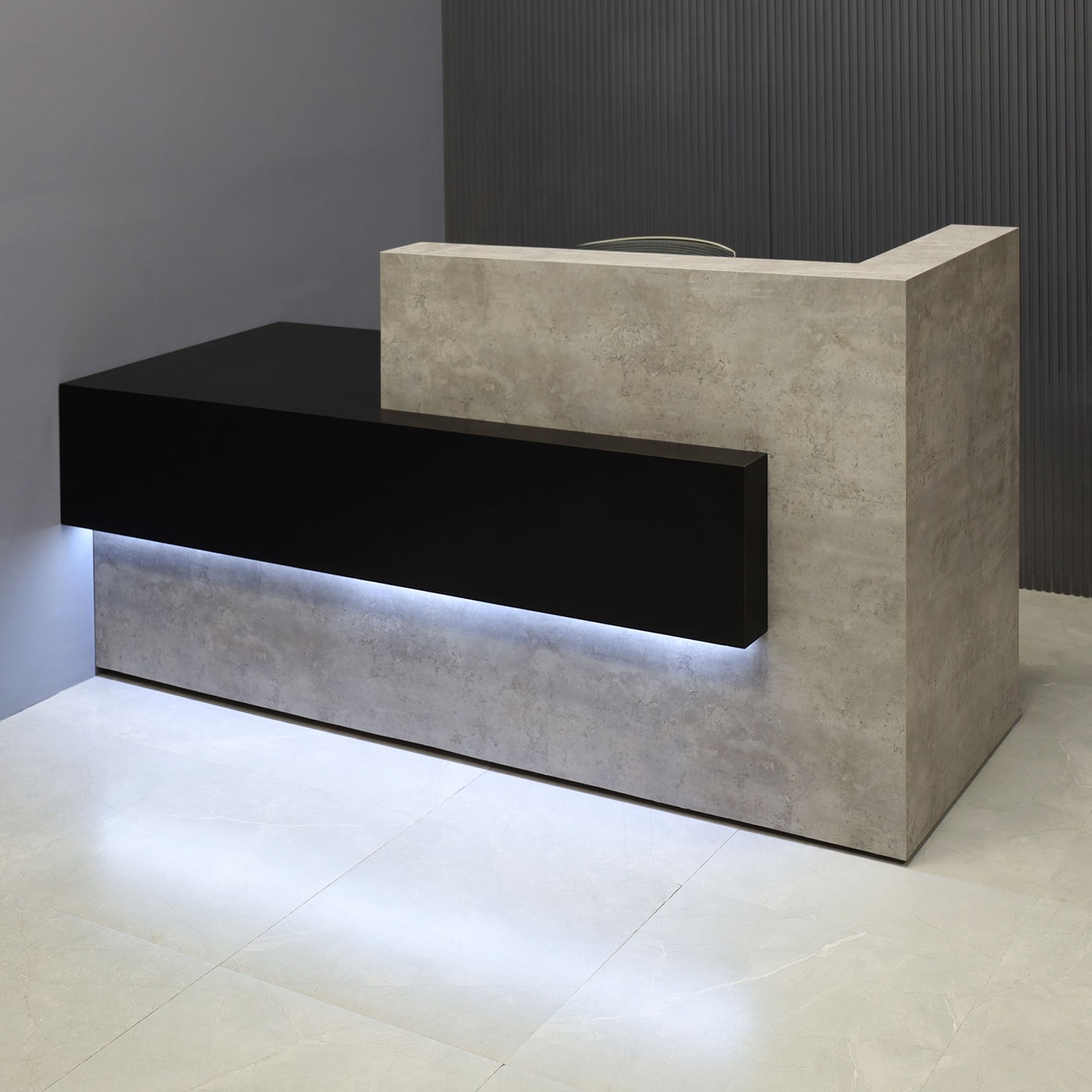 84-inch Atlanta Custom Reception Desk in industrial concrete laminate countertop & base, and black traceless laminate front accent & workspace, with white LED, shown here.