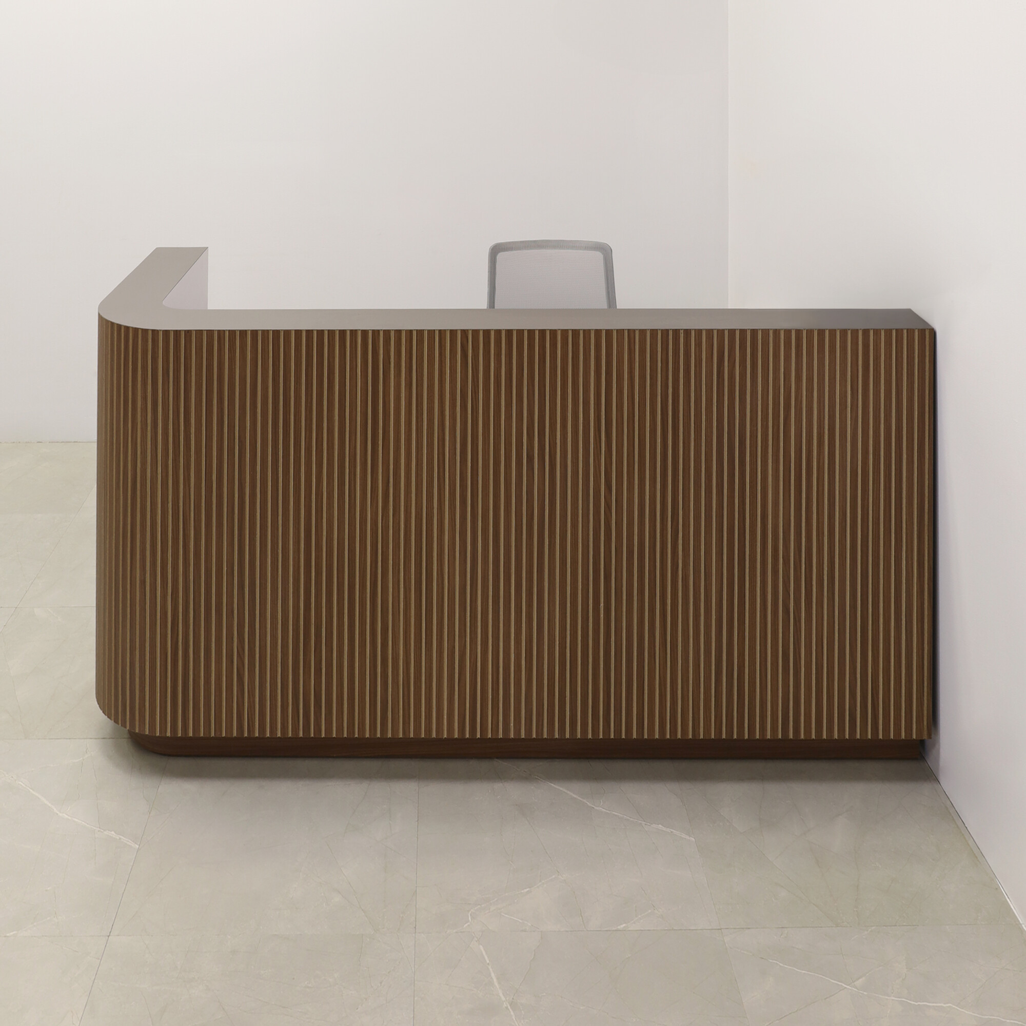 84-inch Nola L-Shape Custom Reception Desk, left side l-panel in walnut tambour main desk, walnut matte laminate workspace, shown here.