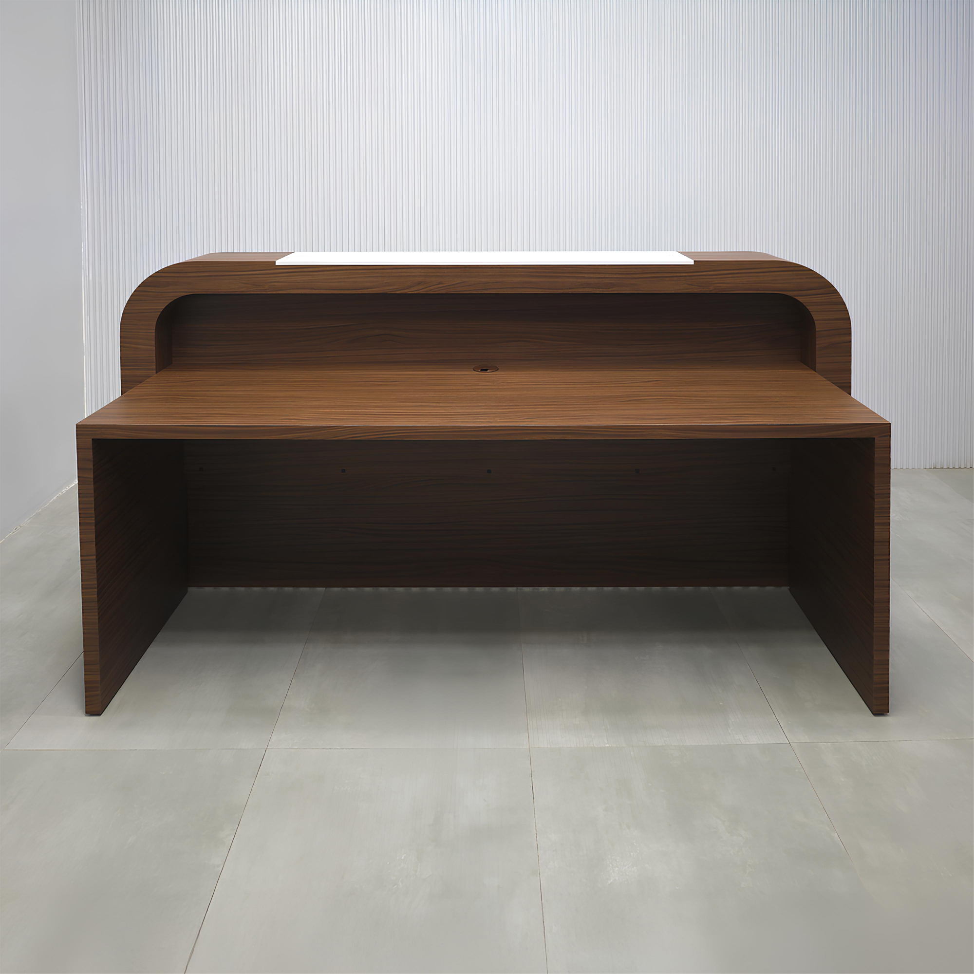 84-inch Edinburgh Custom Reception Desk with Calcutta Blanc engineered surface top/slats, Walnut Heights matte laminate frame/workspace, and Gold Aluminum background.